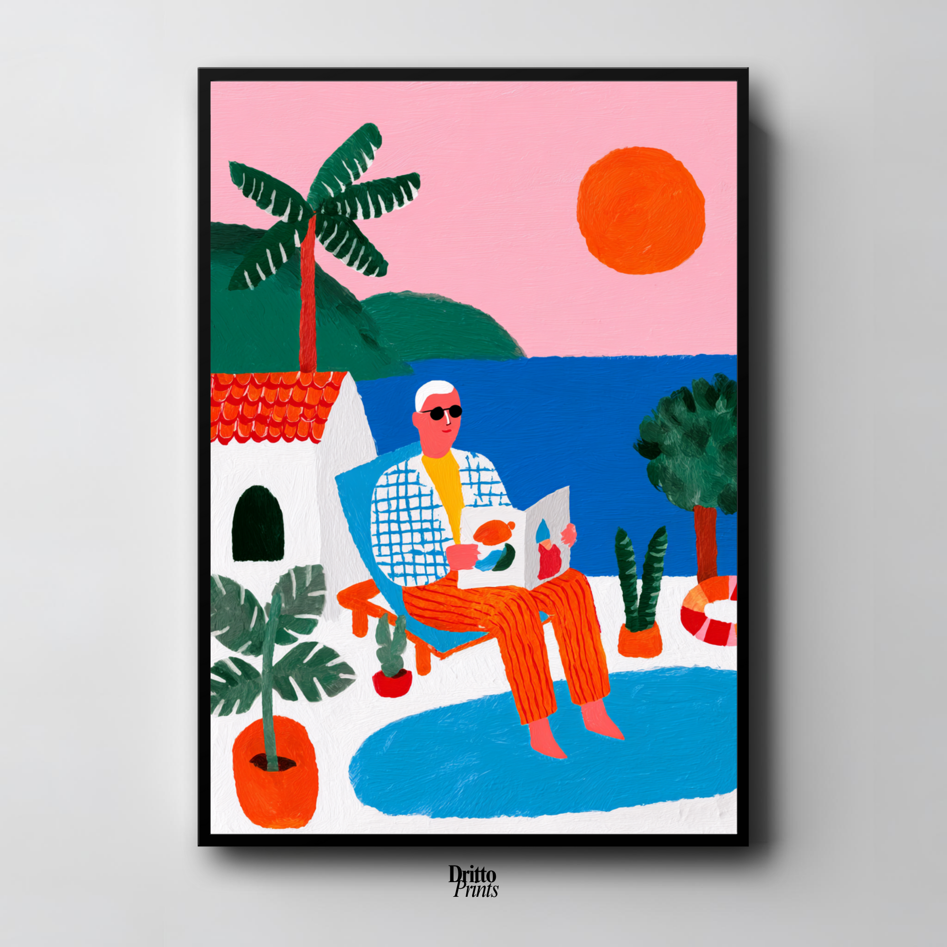 (FD37) Morning Glow by the Pool – 1980s Villa Scene Framed matte paper poster