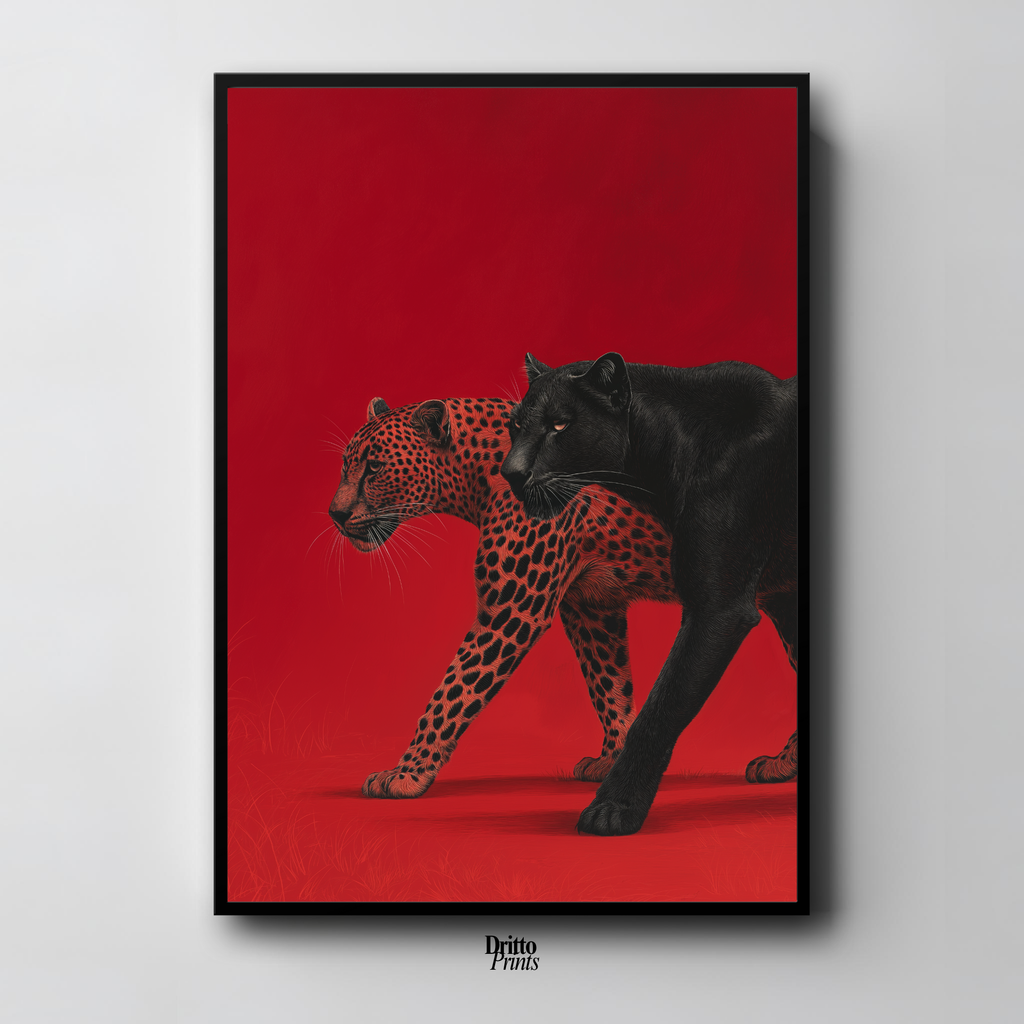 (FD32) Wild Pair – Black Panther & Cheetah Silhouette on Red Framed matte paper poster