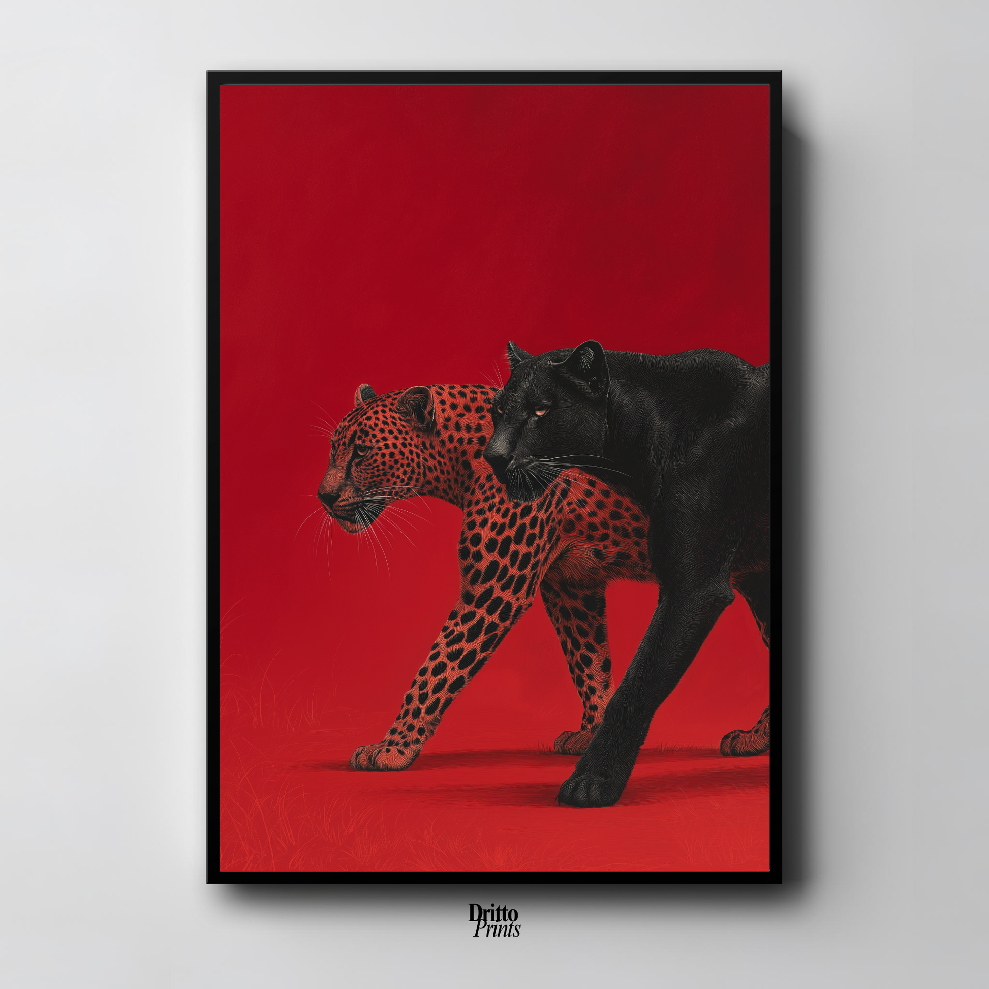 (FD32) Wild Pair – Black Panther & Cheetah Silhouette on Red Framed matte paper poster