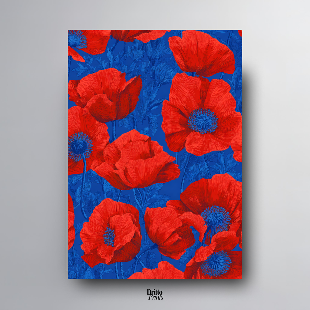 (CD9) Deco Bloom – Red Poppies on Blue Canvas