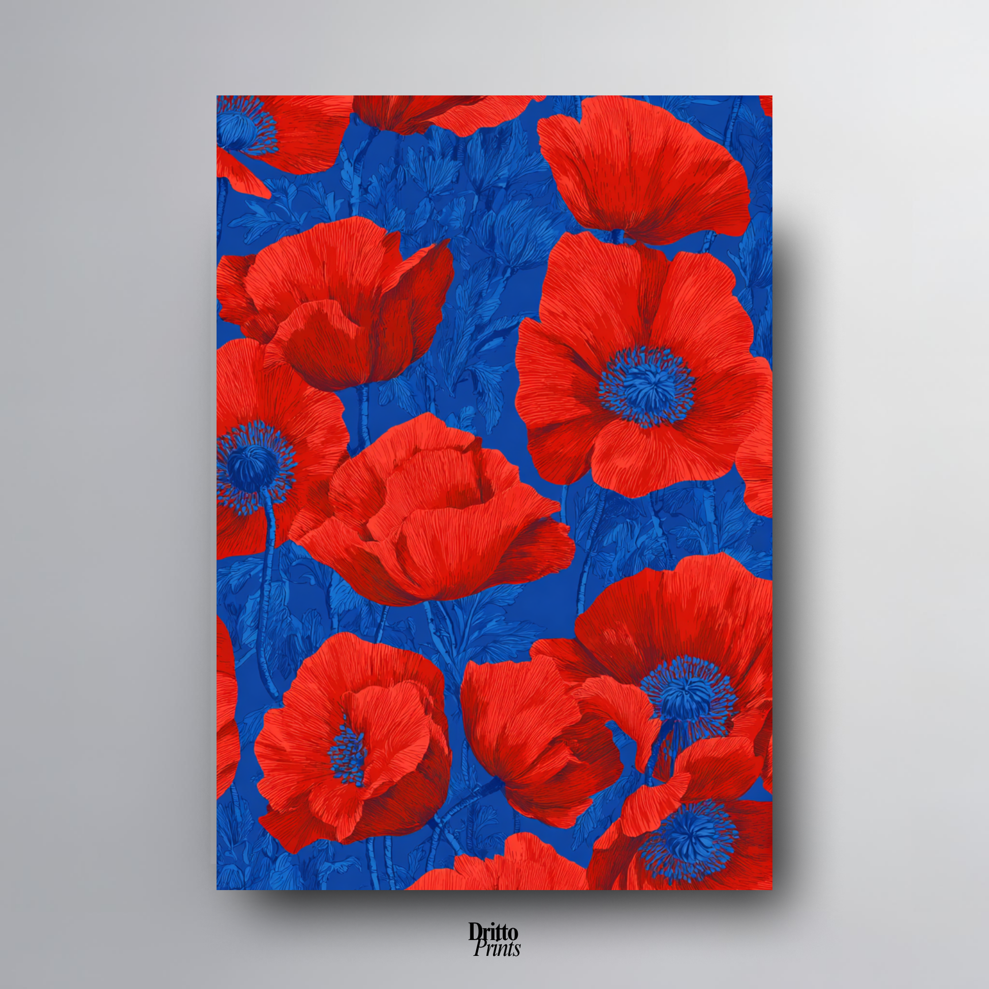 (CD9) Deco Bloom – Red Poppies on Blue Canvas