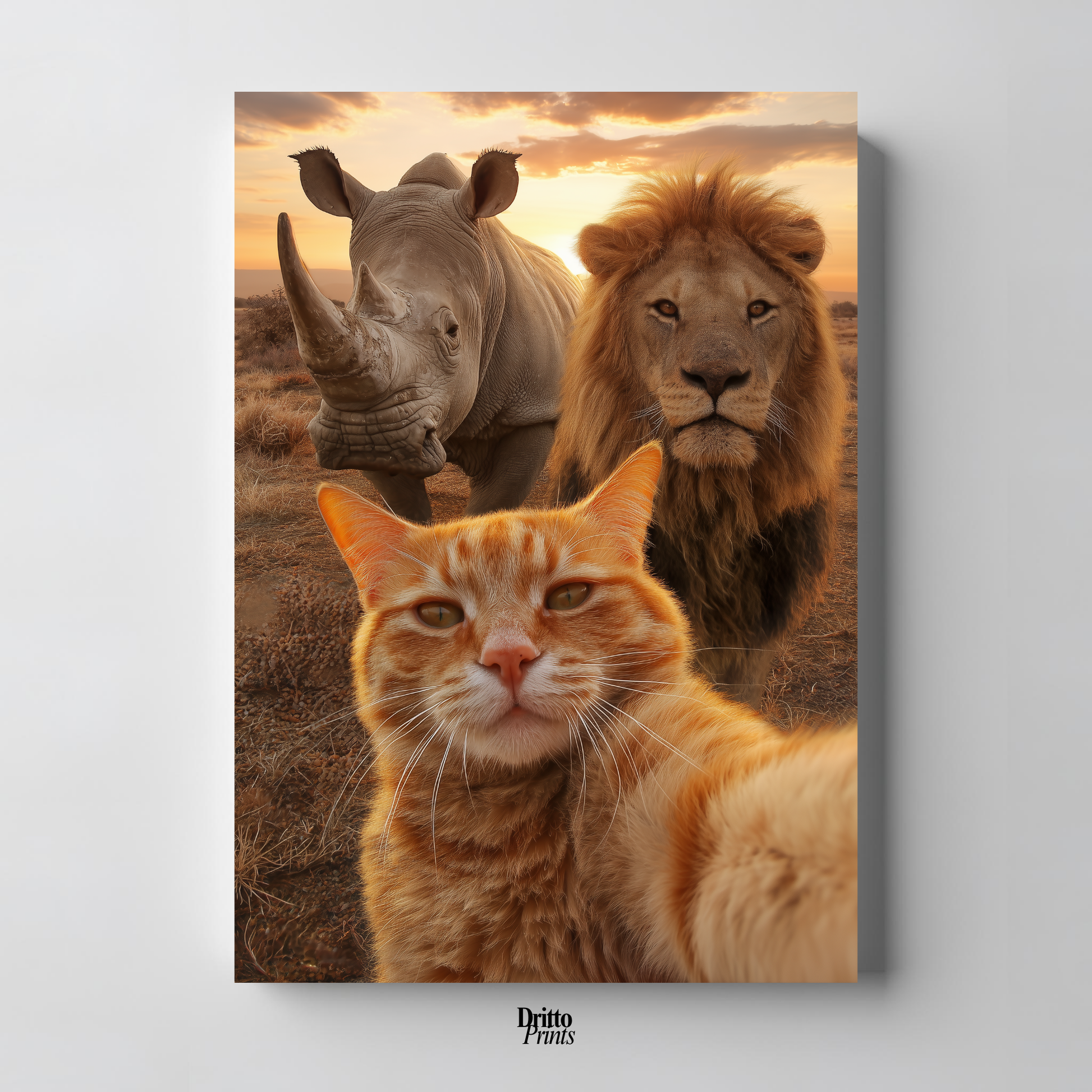 (PD26) Savannah Selfie: Tabby Cat, Lion & Rhino at Sunset Poster