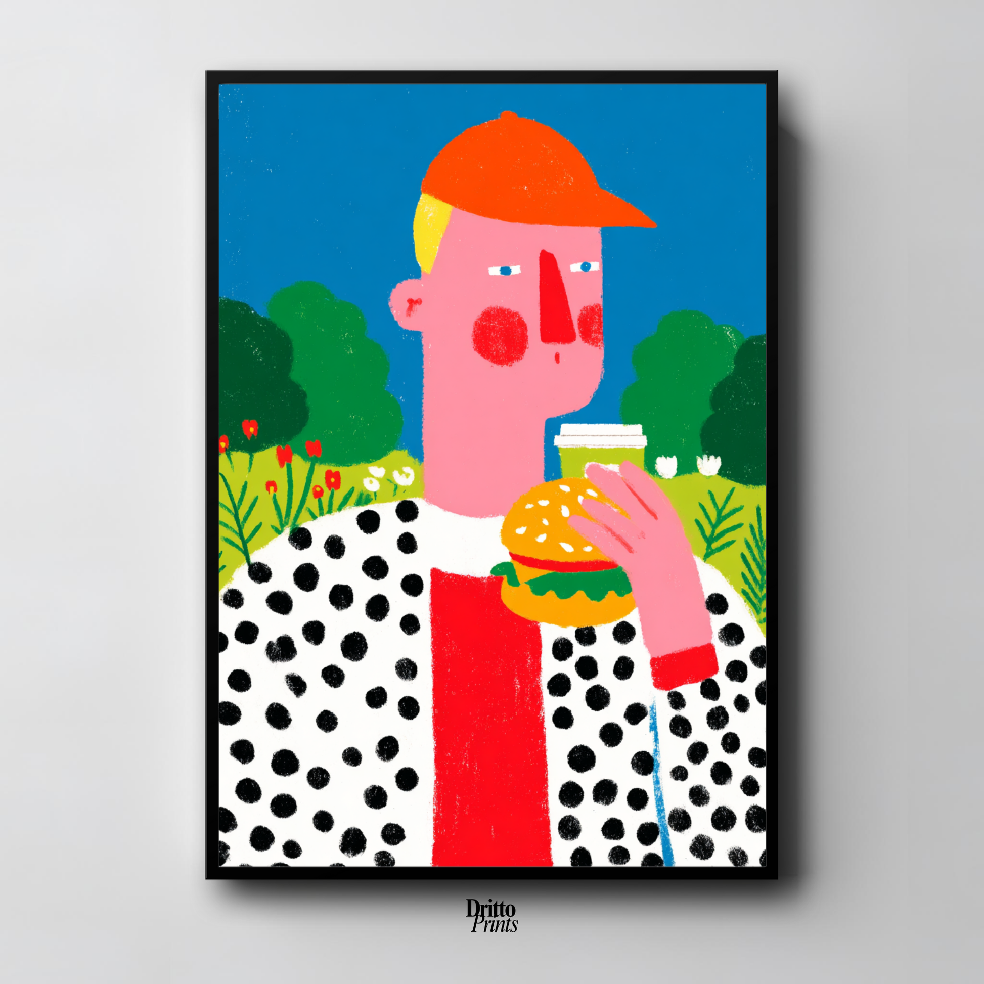 (FD45) Man Eating Burger in the Field –Framed matte paper poster