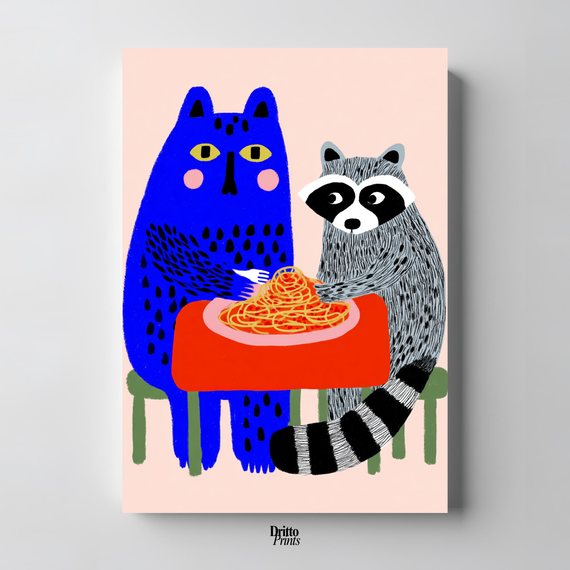(PD44) Cat & Raccoon Dining Spaghetti - Poster