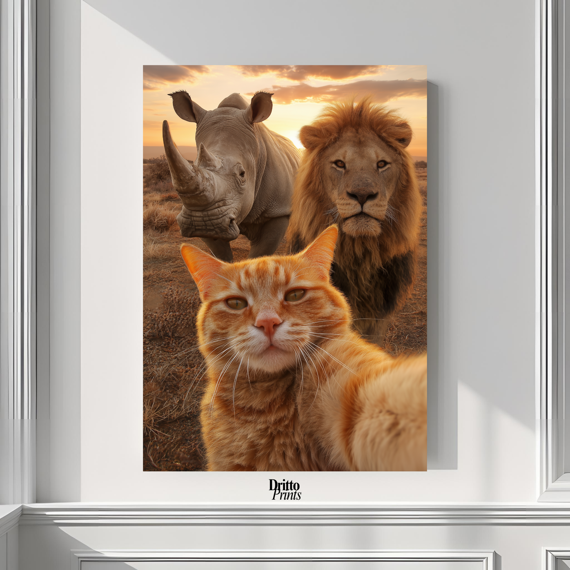 (PD26) Savannah Selfie: Tabby Cat, Lion & Rhino at Sunset Poster