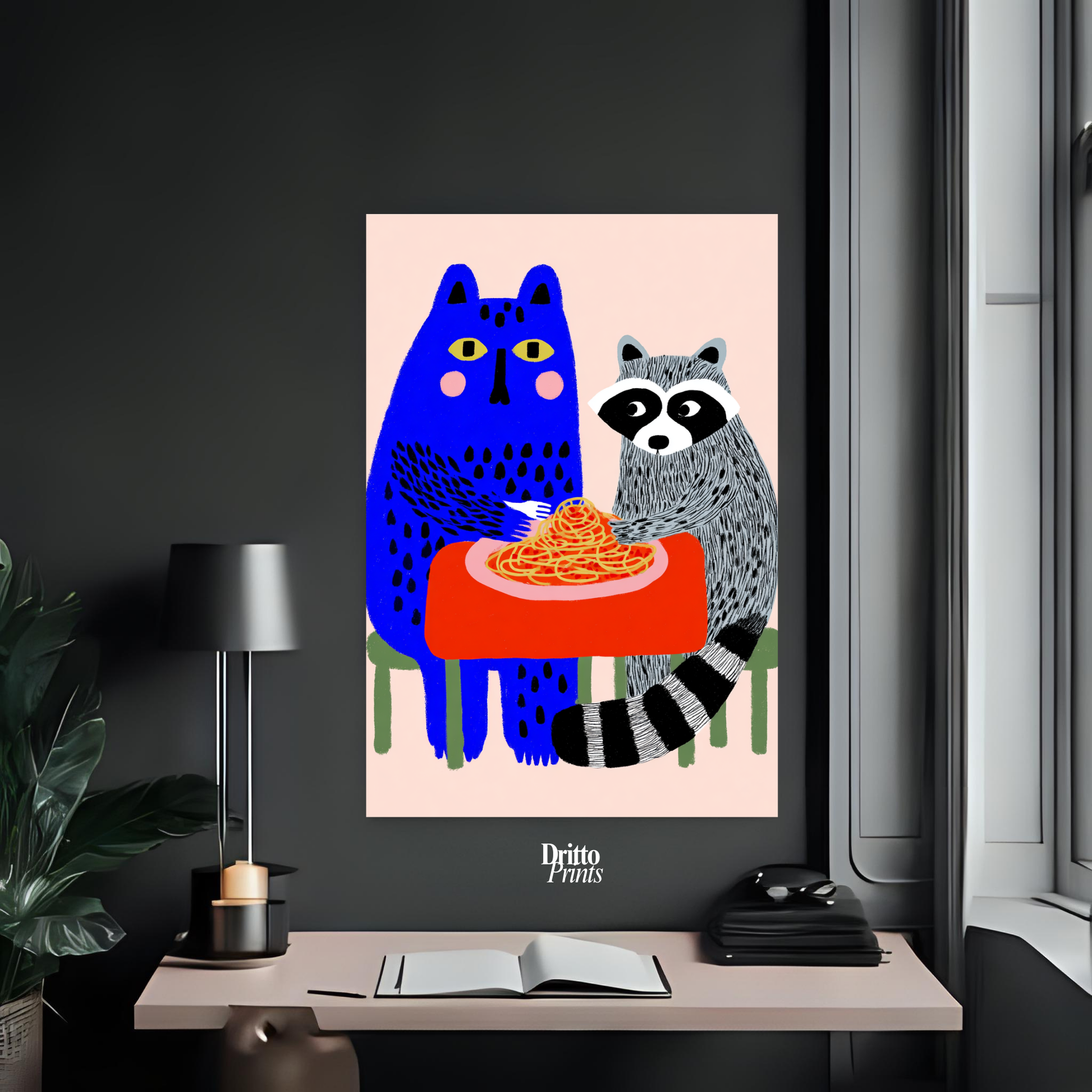 (PD44) Cat & Raccoon Dining Spaghetti - Poster