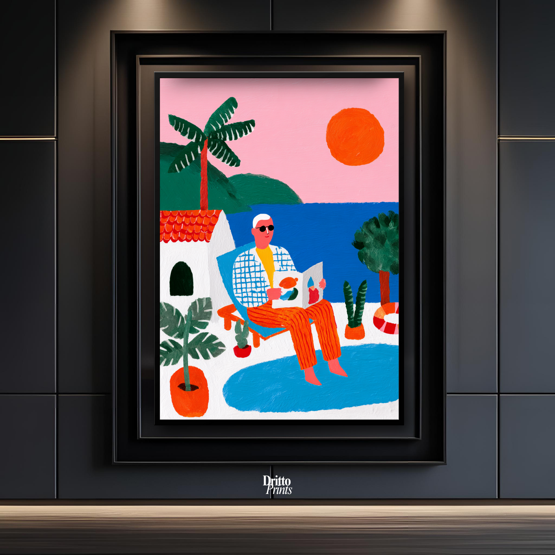 (FD37) Morning Glow by the Pool – 1980s Villa Scene Framed matte paper poster