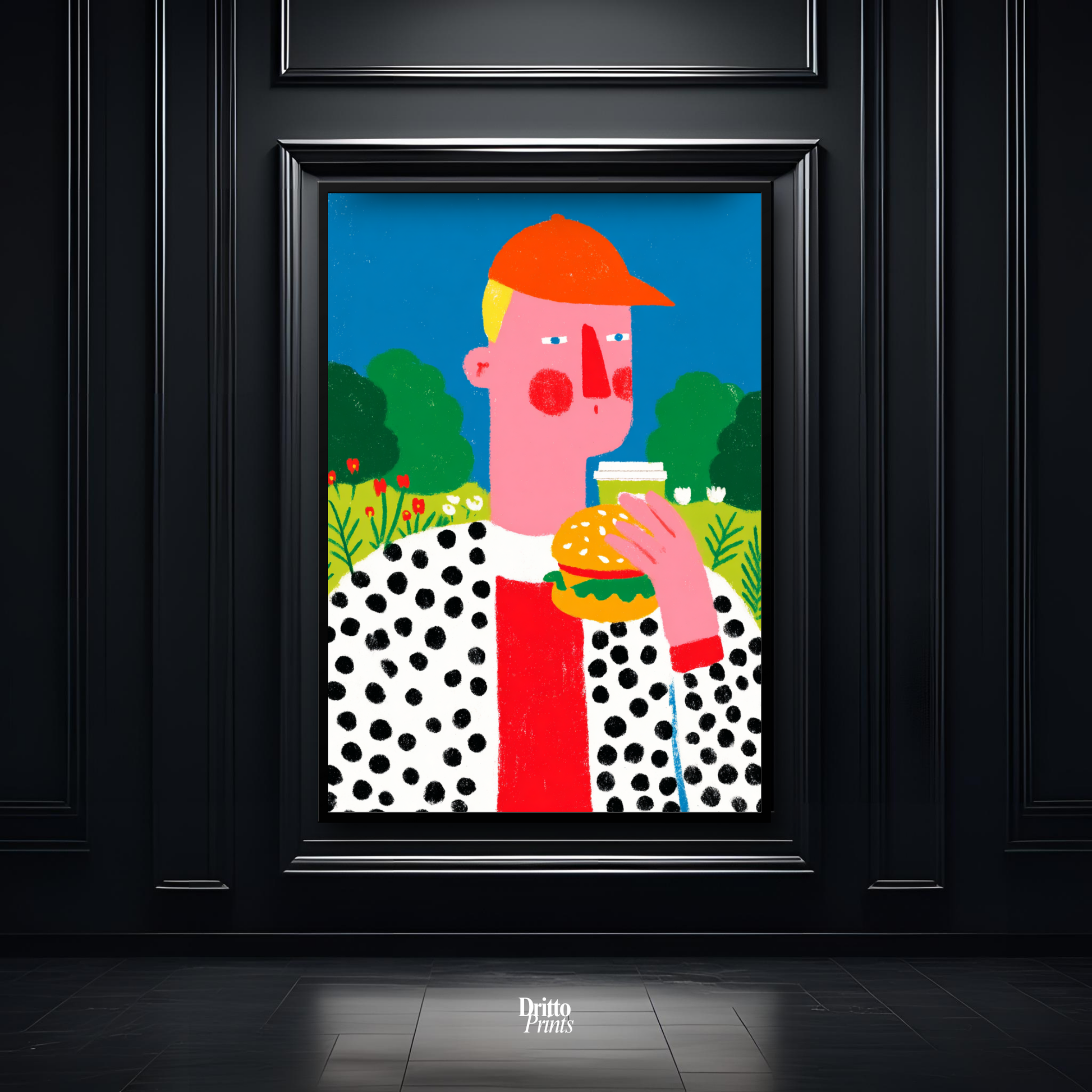 (FD45) Man Eating Burger in the Field –Framed matte paper poster