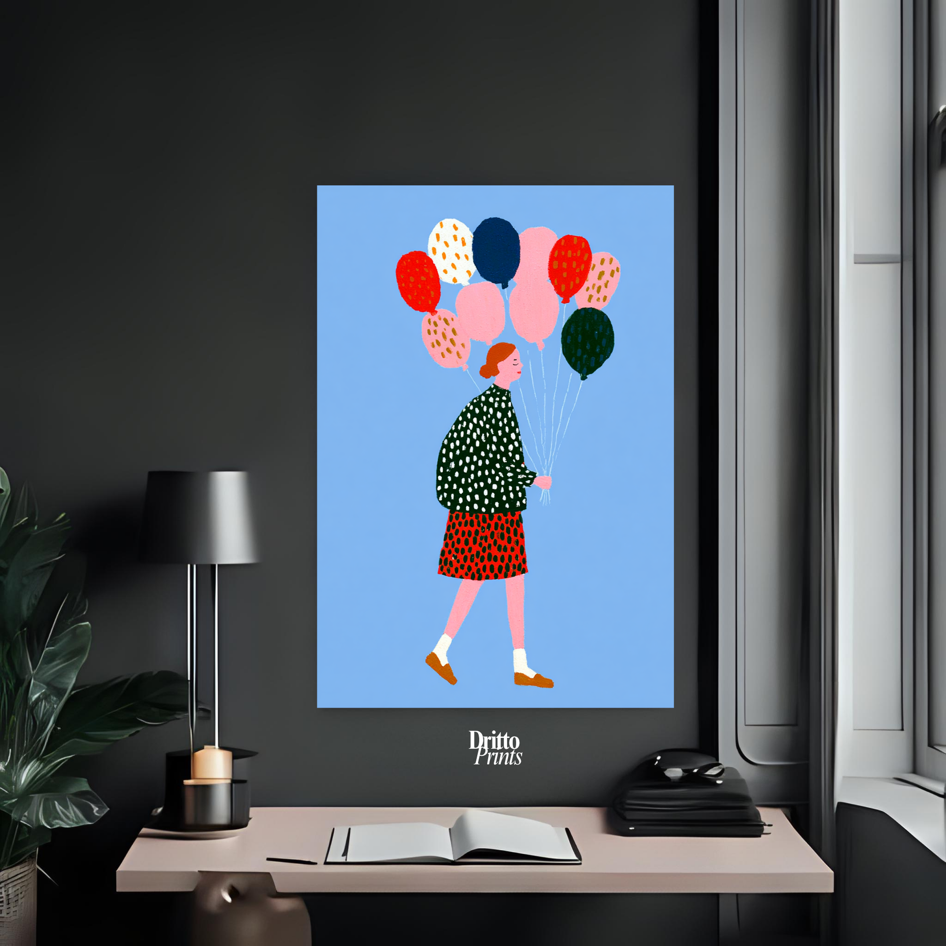 (PD35) Bright Skies – Girl with Colorful Balloons Poster