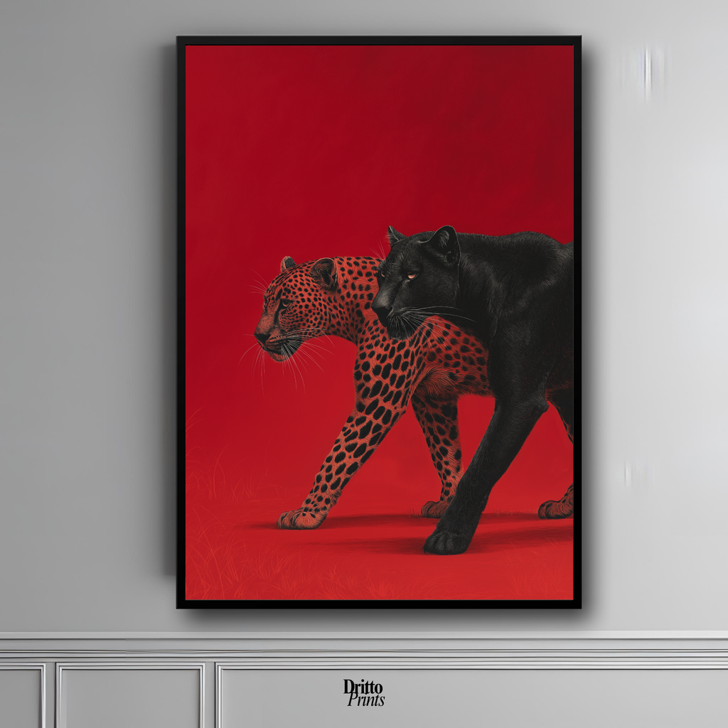 (FD32) Wild Pair – Black Panther & Cheetah Silhouette on Red Framed matte paper poster
