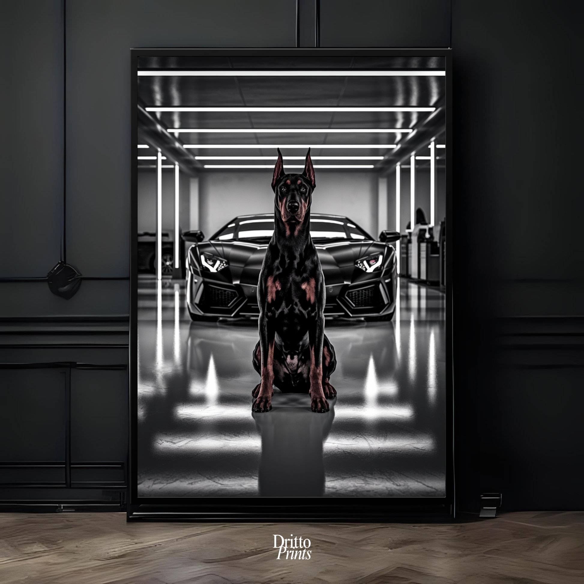 (FD6) The Garage King – Doberman and Aventador - Framed matte paper poster