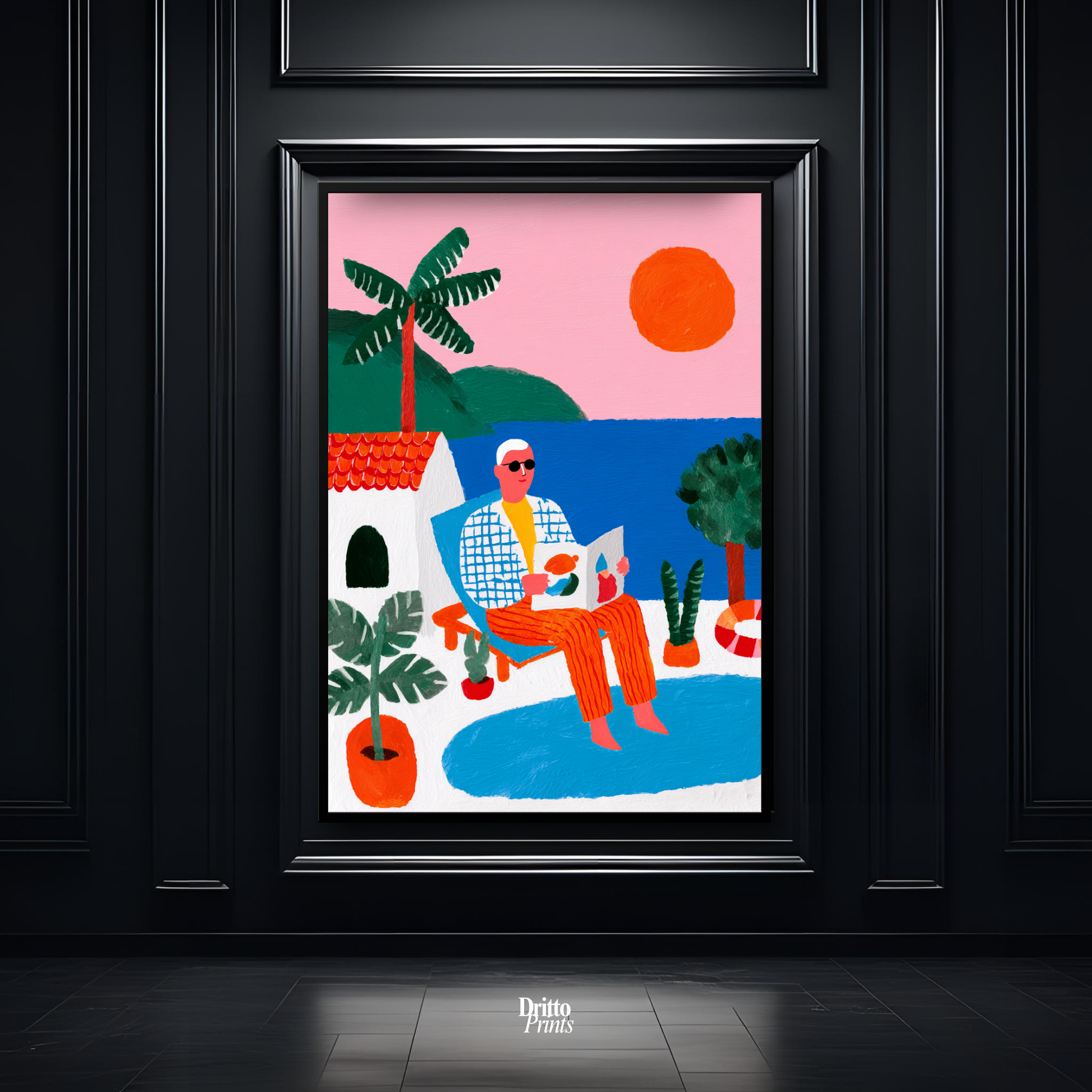 (FD37) Morning Glow by the Pool – 1980s Villa Scene Framed matte paper poster