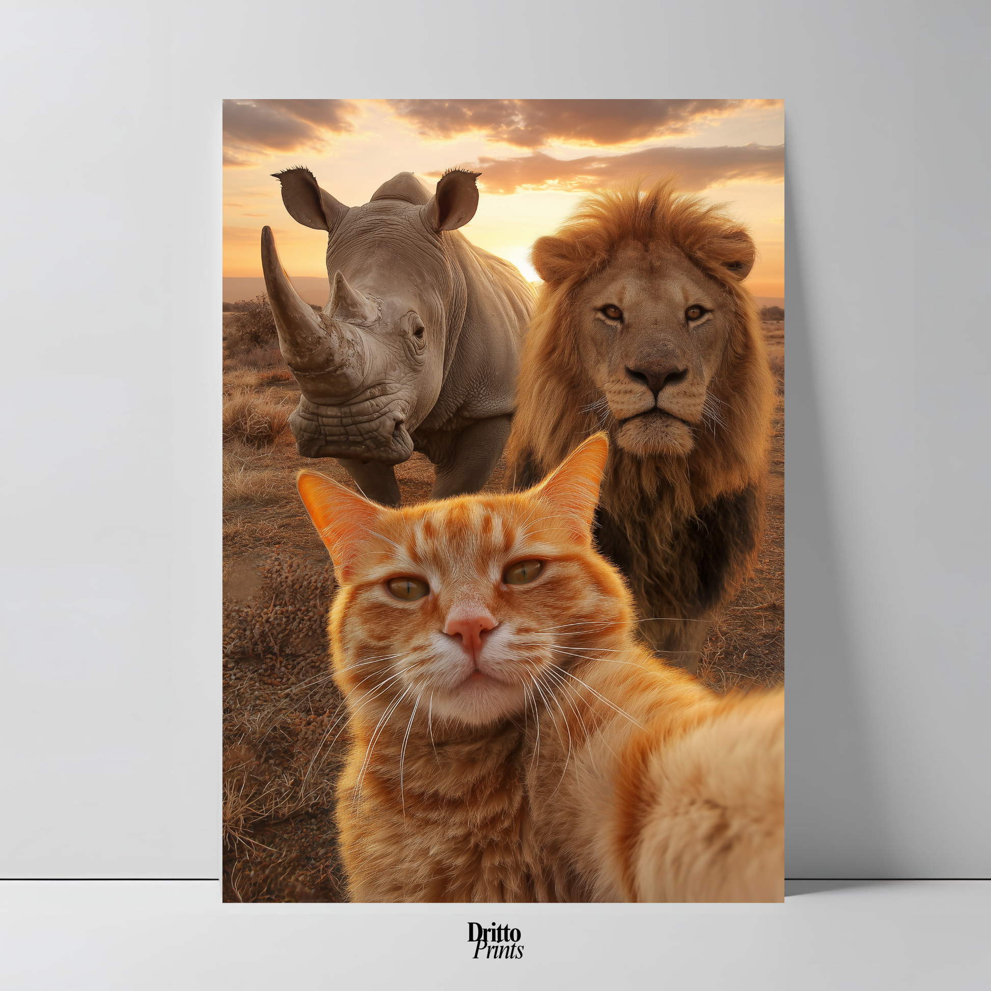 (PD26) Savannah Selfie: Tabby Cat, Lion & Rhino at Sunset Poster