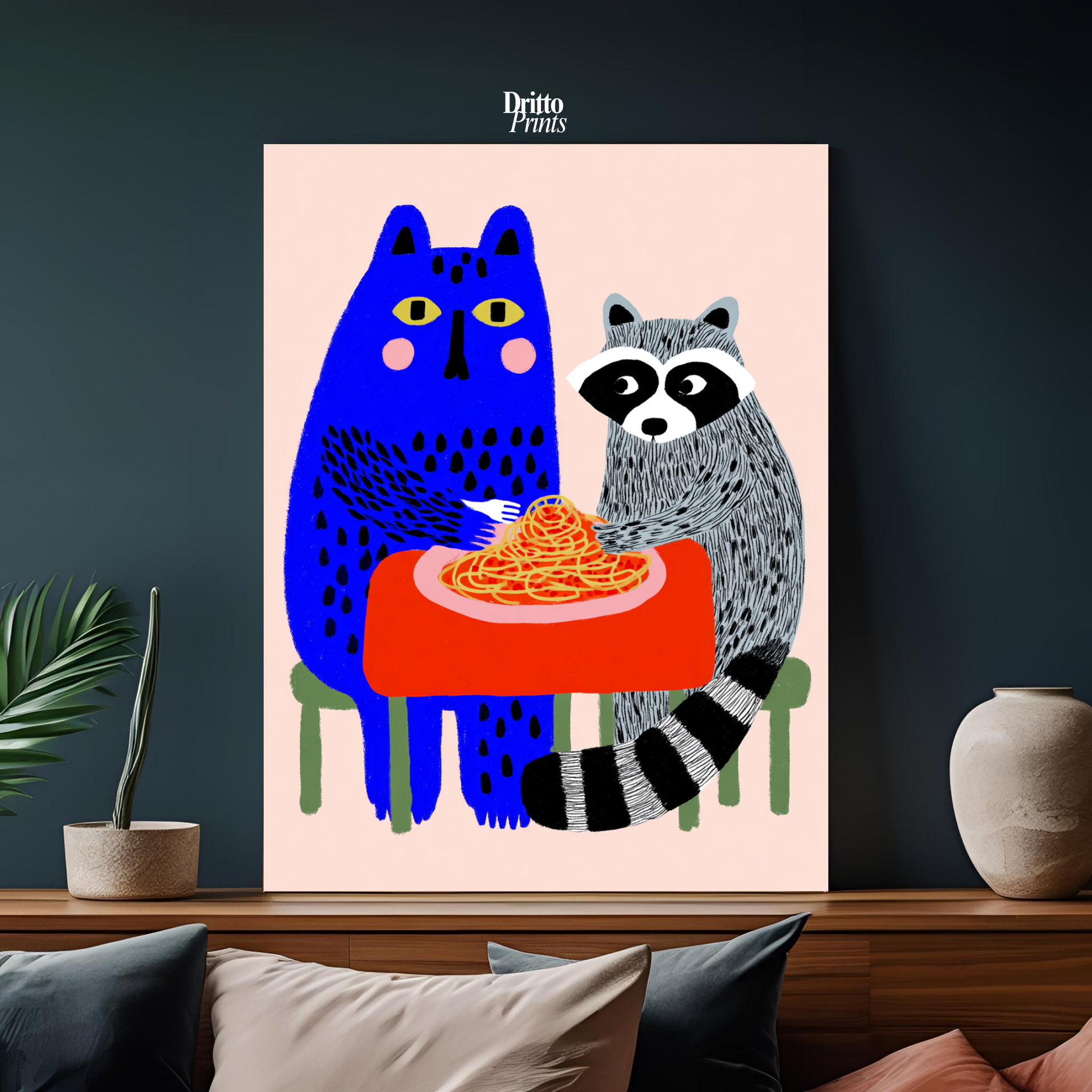 (PD44) Cat & Raccoon Dining Spaghetti - Poster
