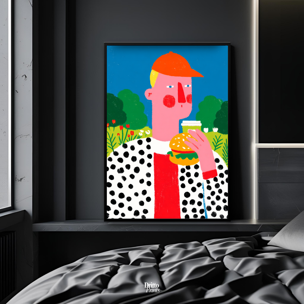 (FD45) Man Eating Burger in the Field –Framed matte paper poster