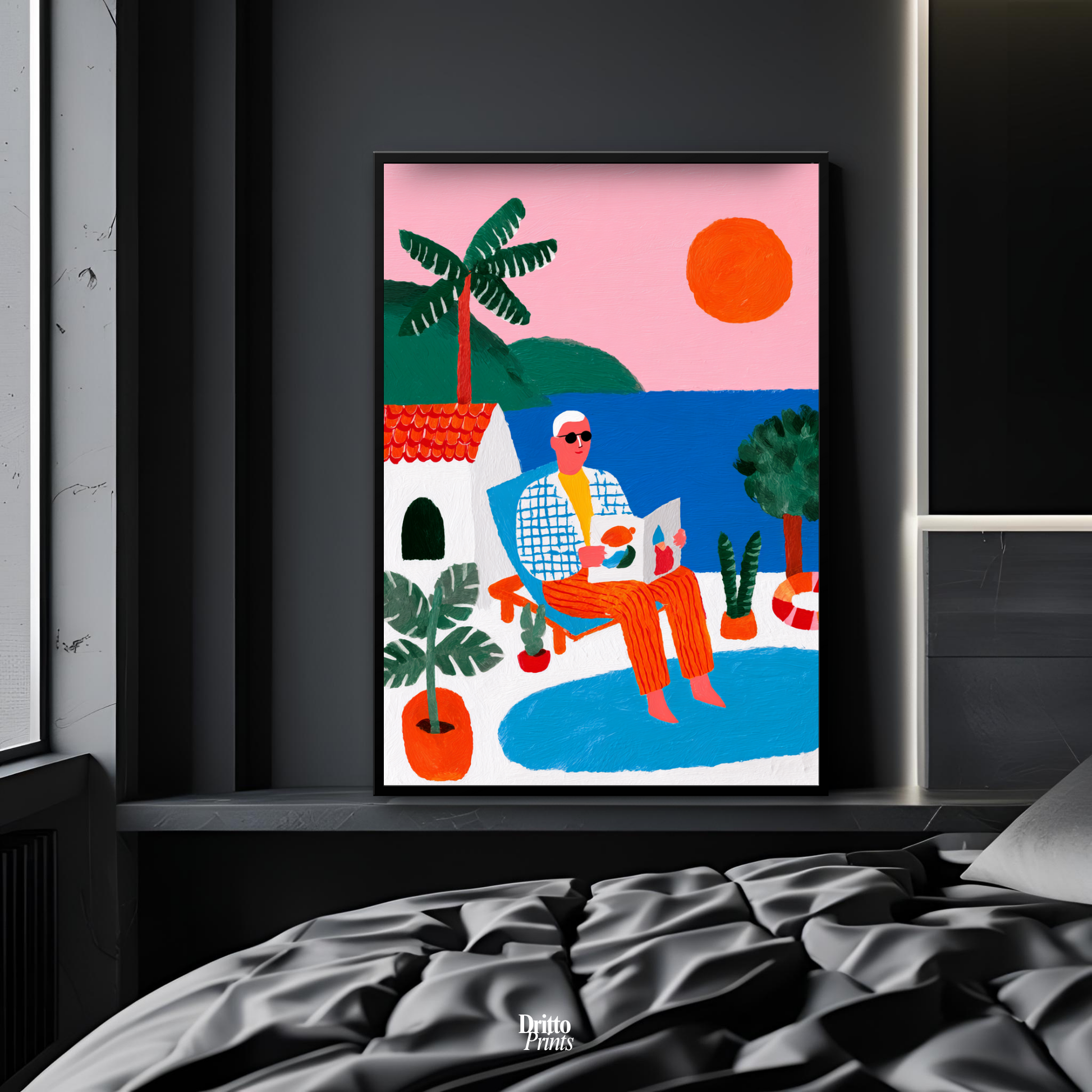 (FD37) Morning Glow by the Pool – 1980s Villa Scene Framed matte paper poster