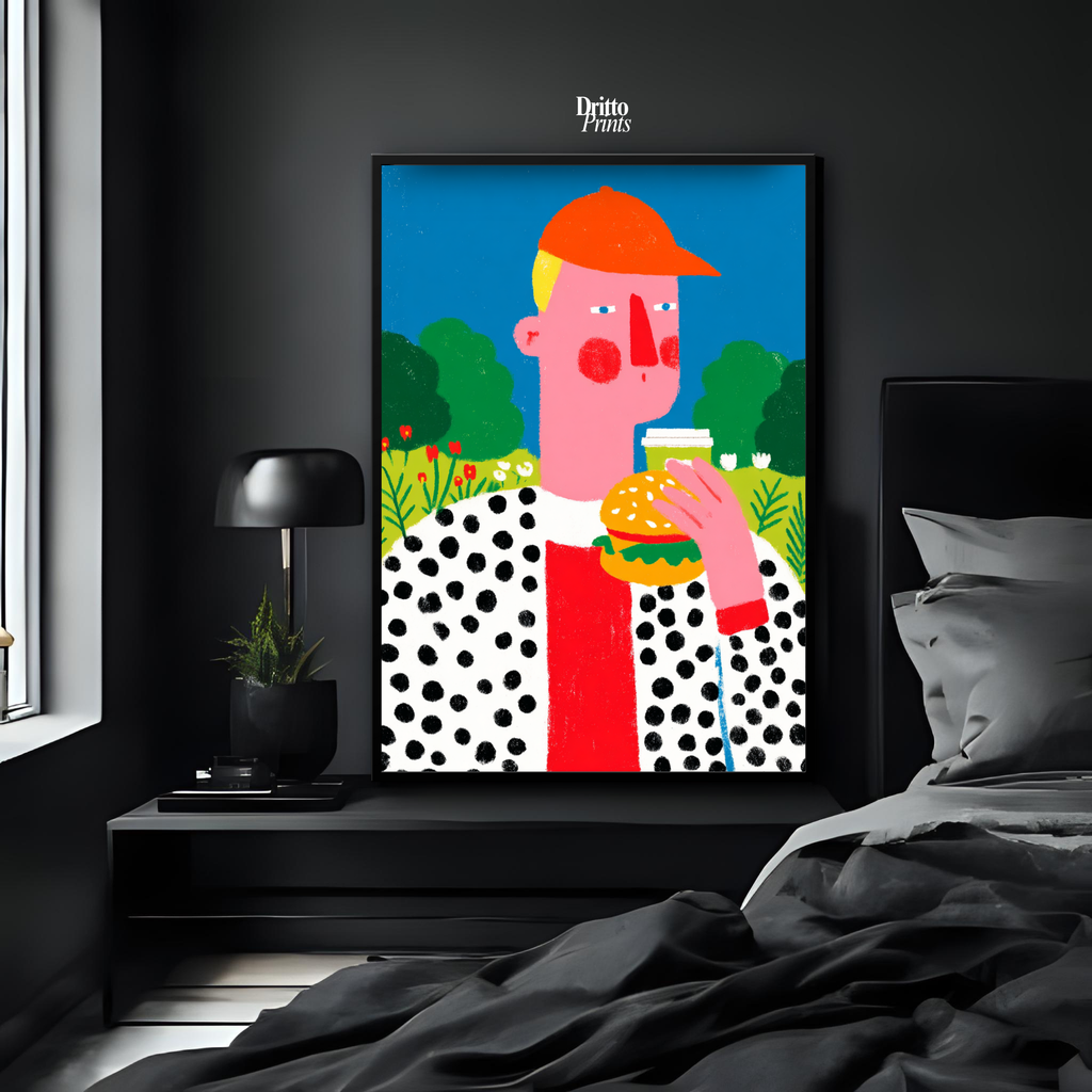 (FD45) Man Eating Burger in the Field –Framed matte paper poster
