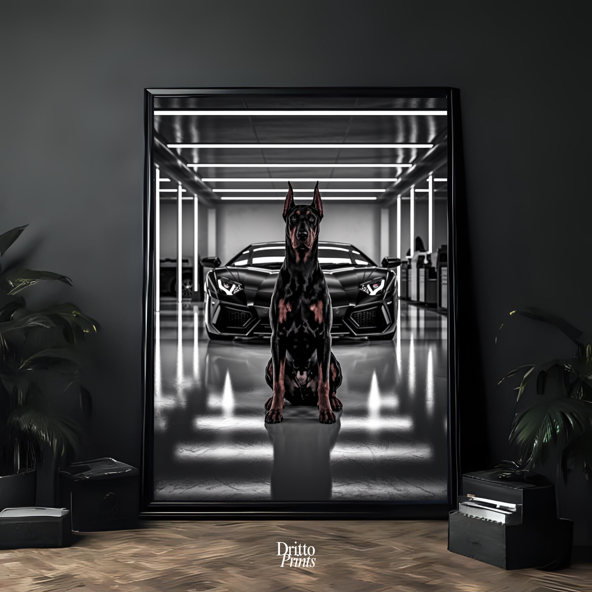 (FD6) The Garage King – Doberman and Aventador - Framed matte paper poster
