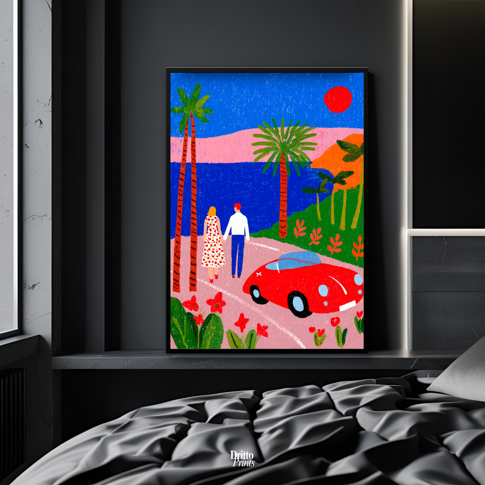 (FD40) Morning Stroll by the Porsche – 1980s California Framed matte paper poster