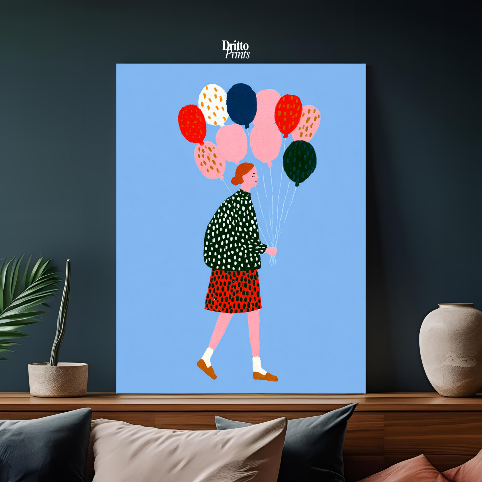 (PD35) Bright Skies – Girl with Colorful Balloons Poster