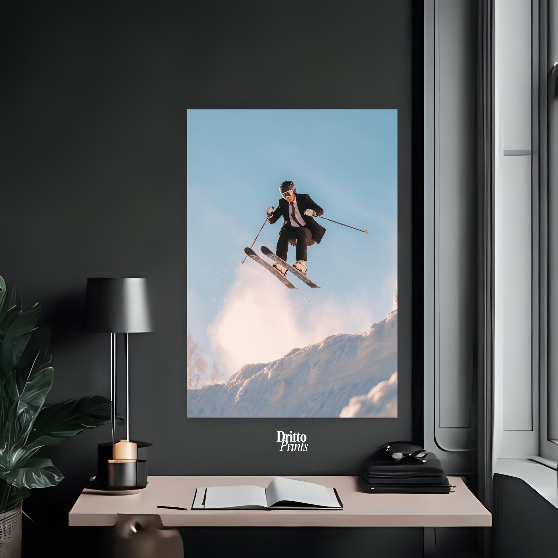 (PD27) Executive Takeoff – Skier in Suit Mid-Jump Poster