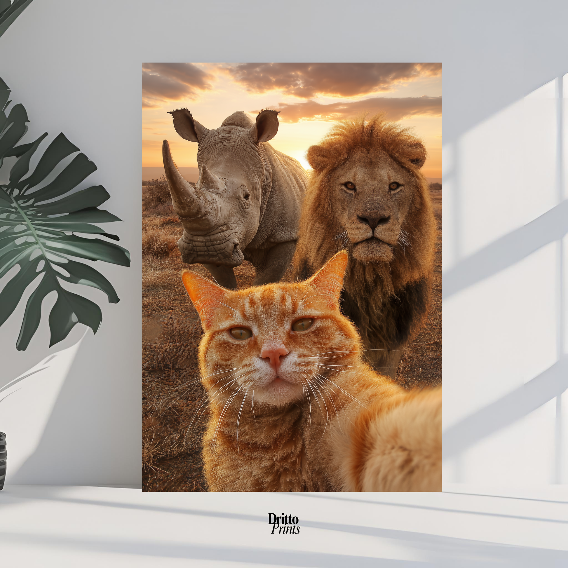 (PD26) Savannah Selfie: Tabby Cat, Lion & Rhino at Sunset Poster