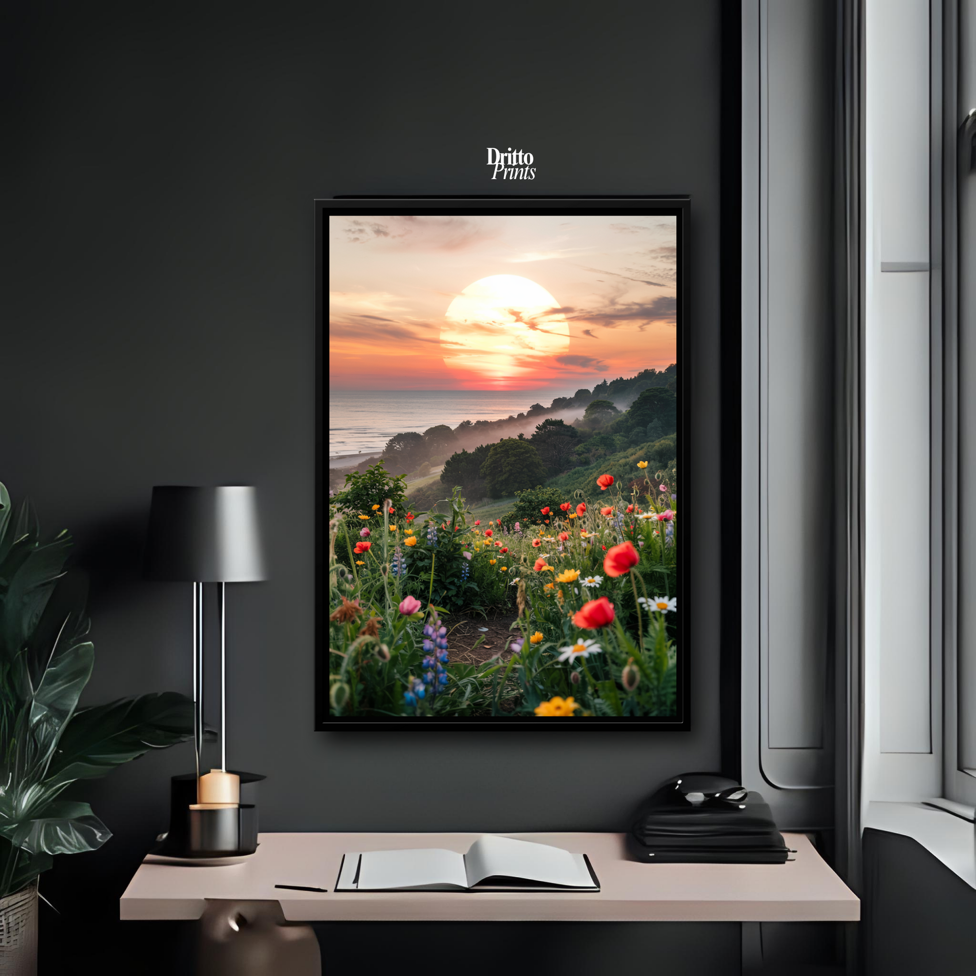 (CF5) Mystical Sunrise Over Hillside - Framed canvas