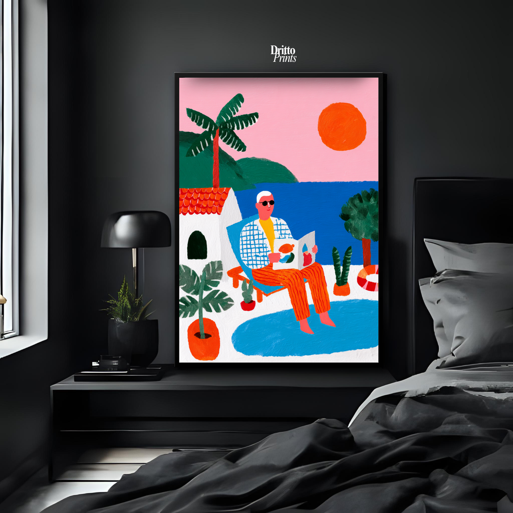 (FD37) Morning Glow by the Pool – 1980s Villa Scene Framed matte paper poster