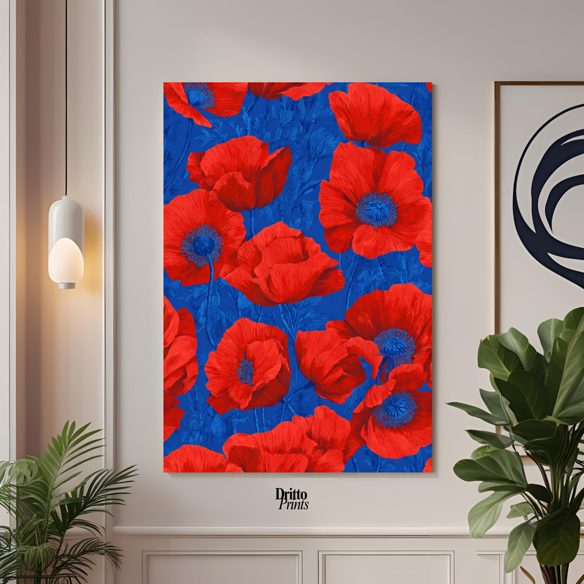 (CD9) Deco Bloom – Red Poppies on Blue Canvas