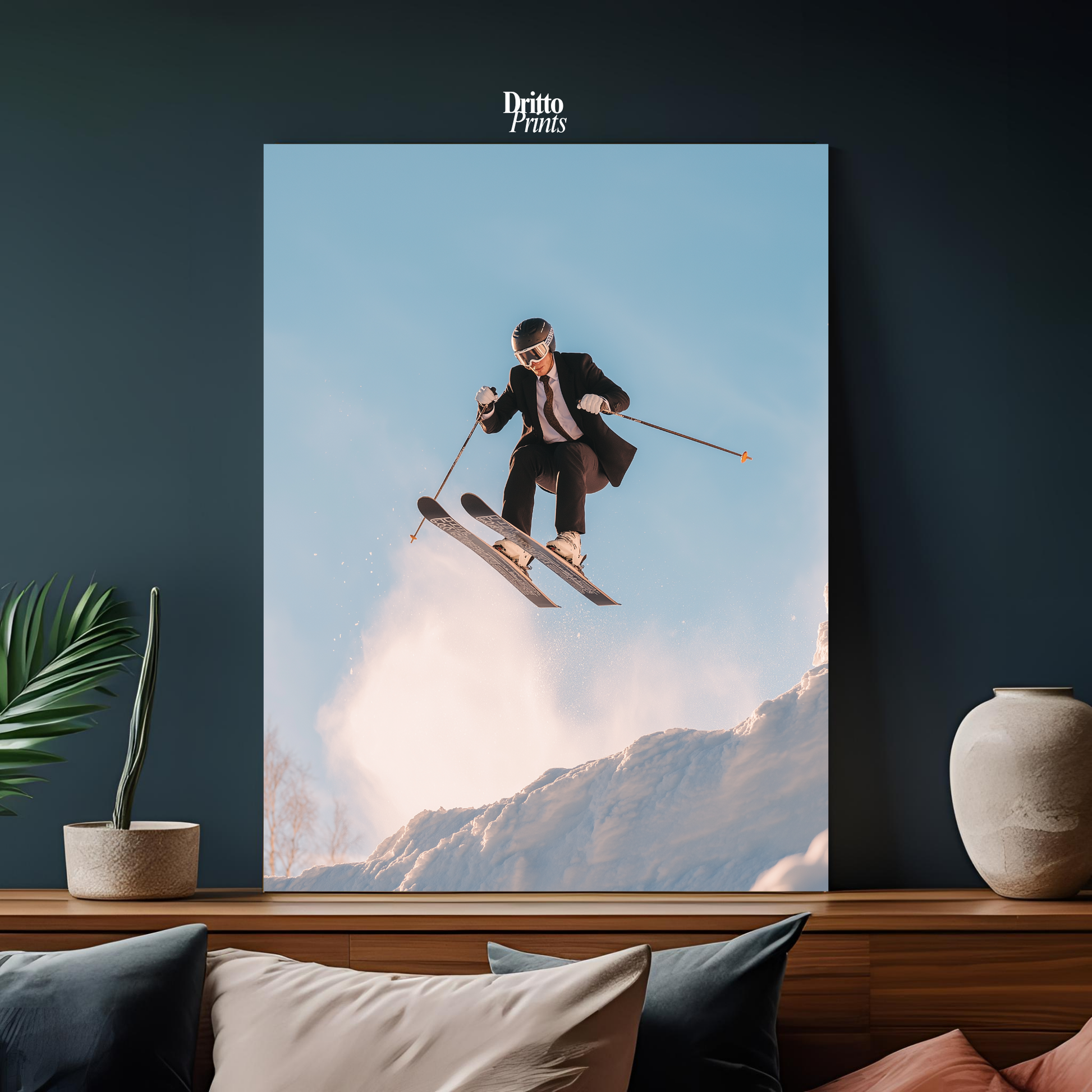 (PD27) Executive Takeoff – Skier in Suit Mid-Jump Poster