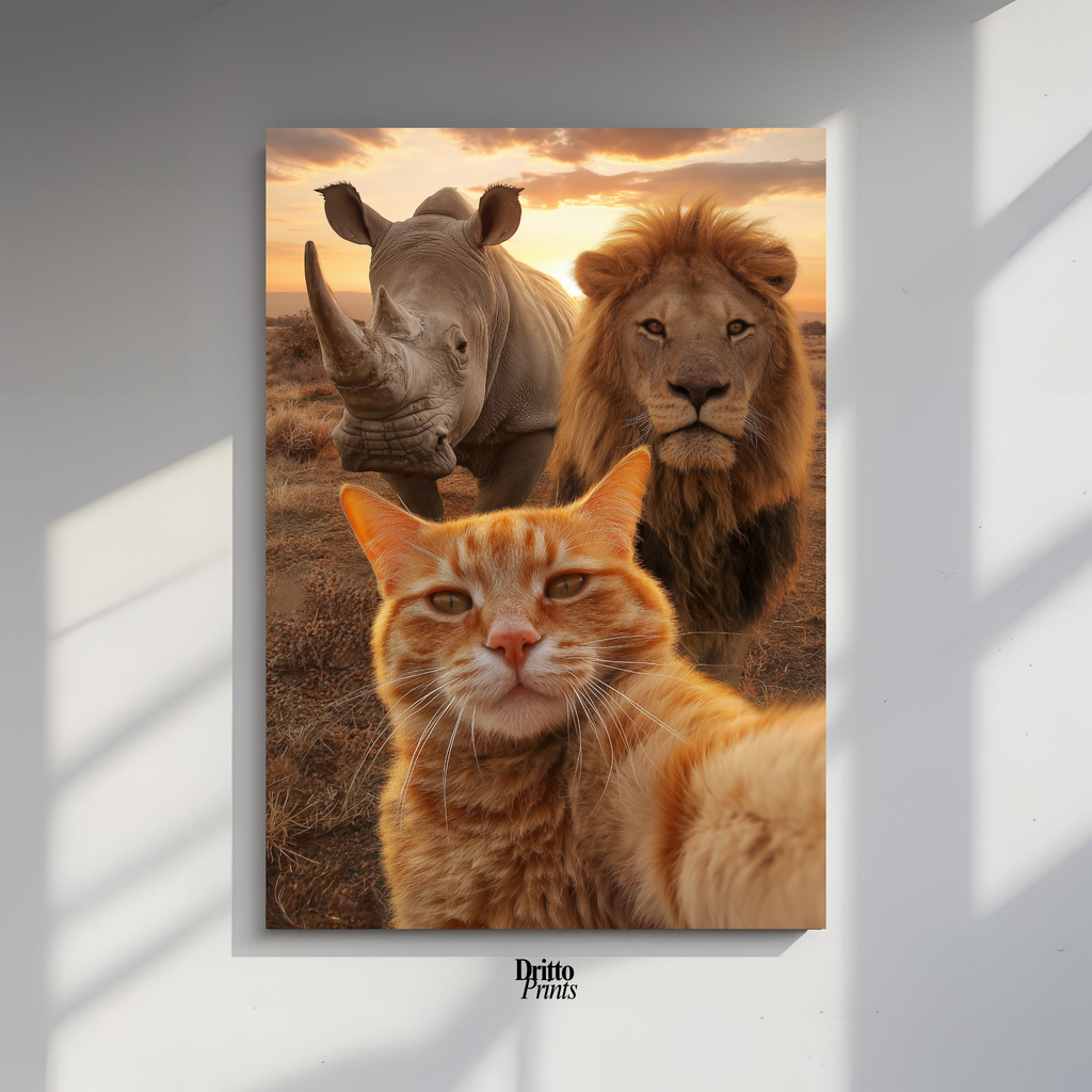 (PD26) Savannah Selfie: Tabby Cat, Lion & Rhino at Sunset Poster