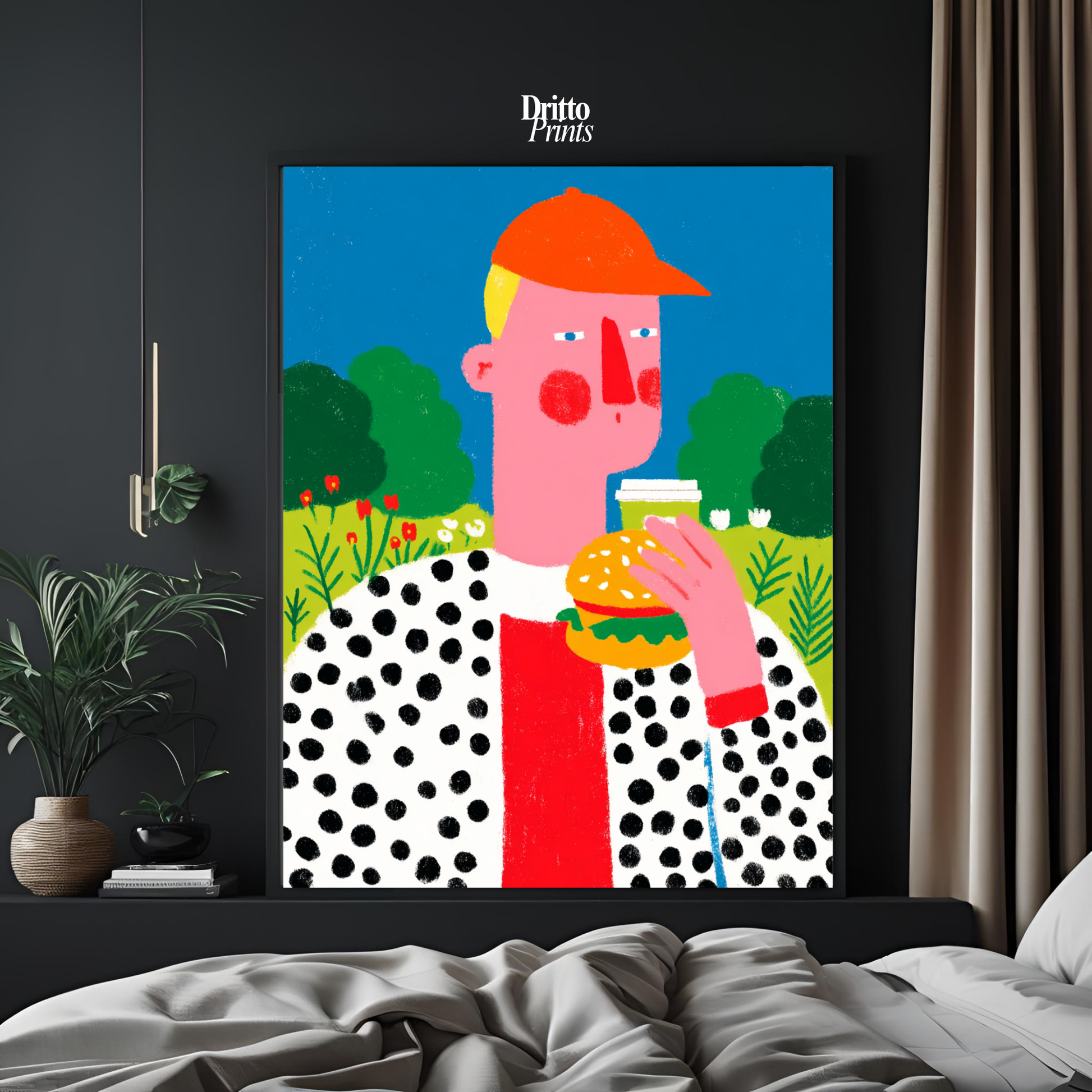 (FD45) Man Eating Burger in the Field –Framed matte paper poster