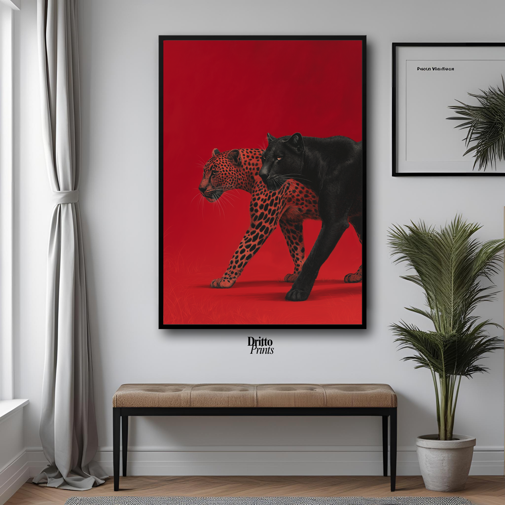 (FD32) Wild Pair – Black Panther & Cheetah Silhouette on Red Framed matte paper poster