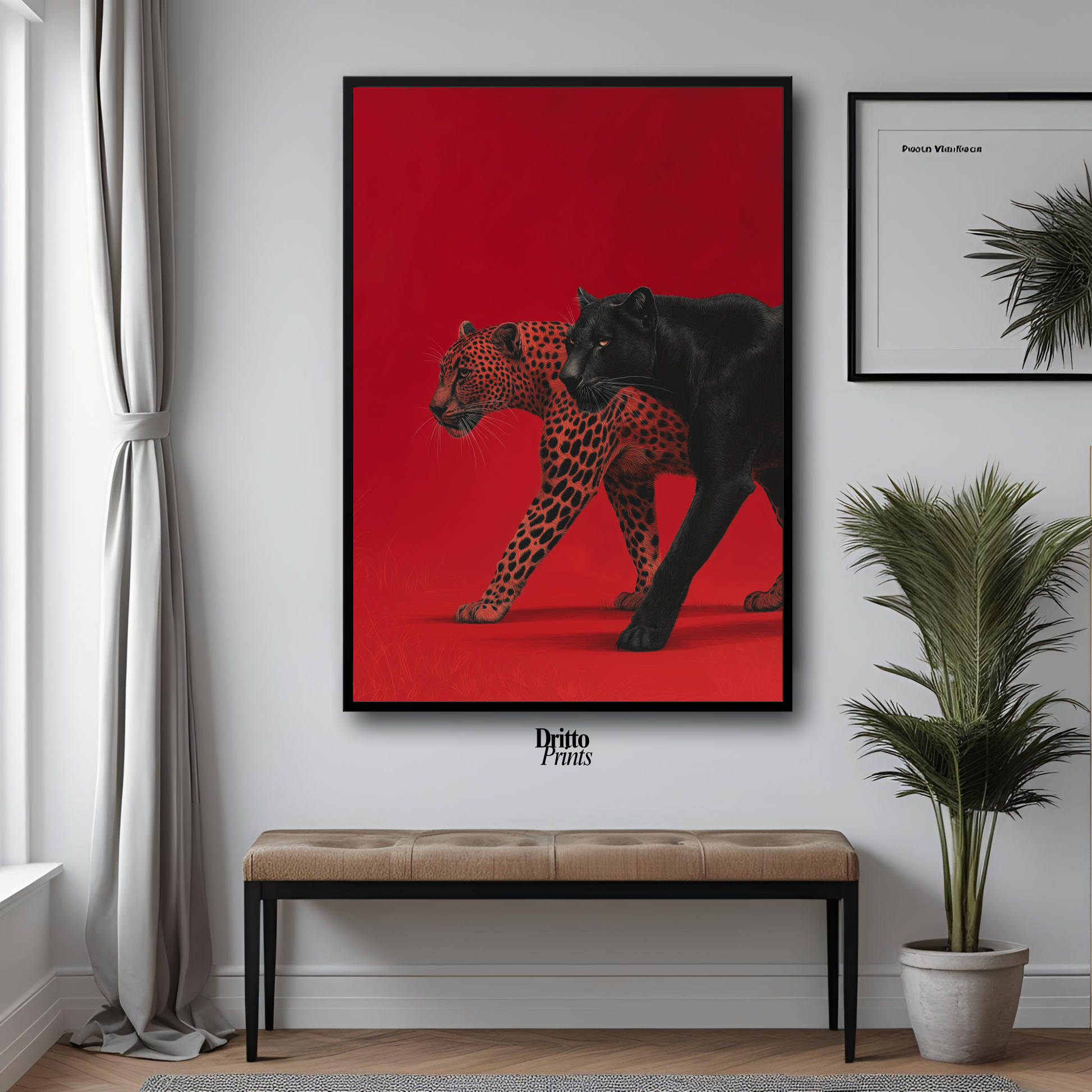 (FD32) Wild Pair – Black Panther & Cheetah Silhouette on Red Framed matte paper poster