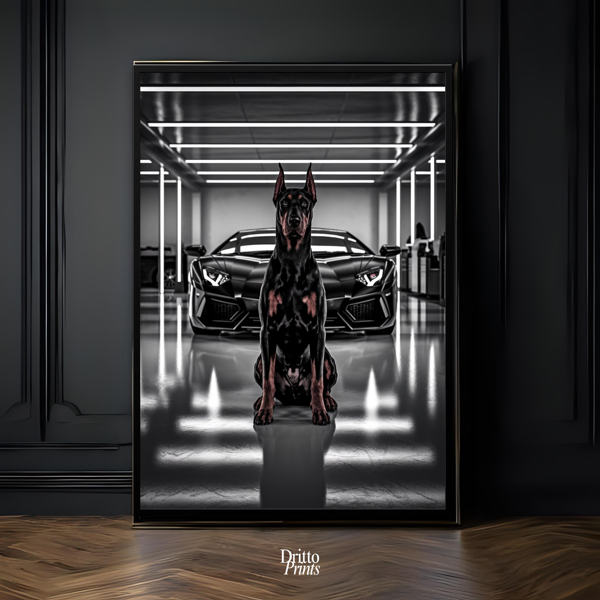(FD6) The Garage King – Doberman and Aventador - Framed matte paper poster