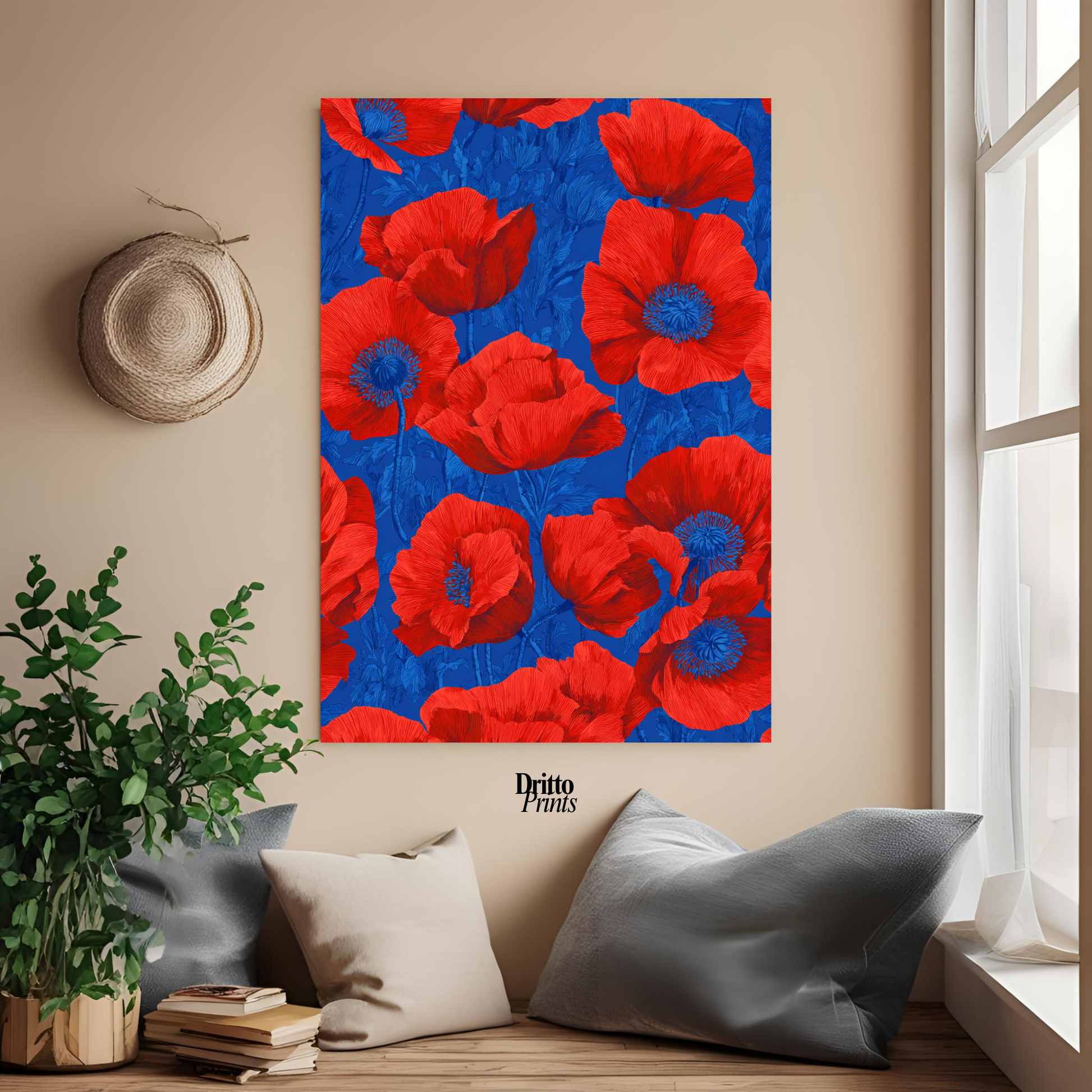 (CD9) Deco Bloom – Red Poppies on Blue Canvas