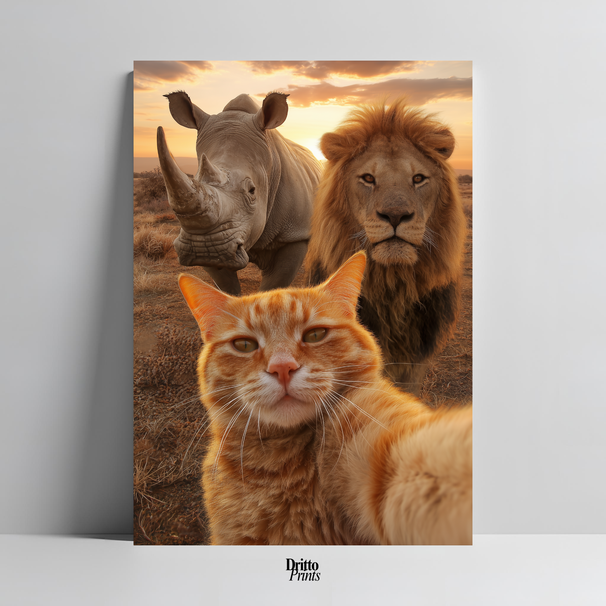 (PD26) Savannah Selfie: Tabby Cat, Lion & Rhino at Sunset Poster