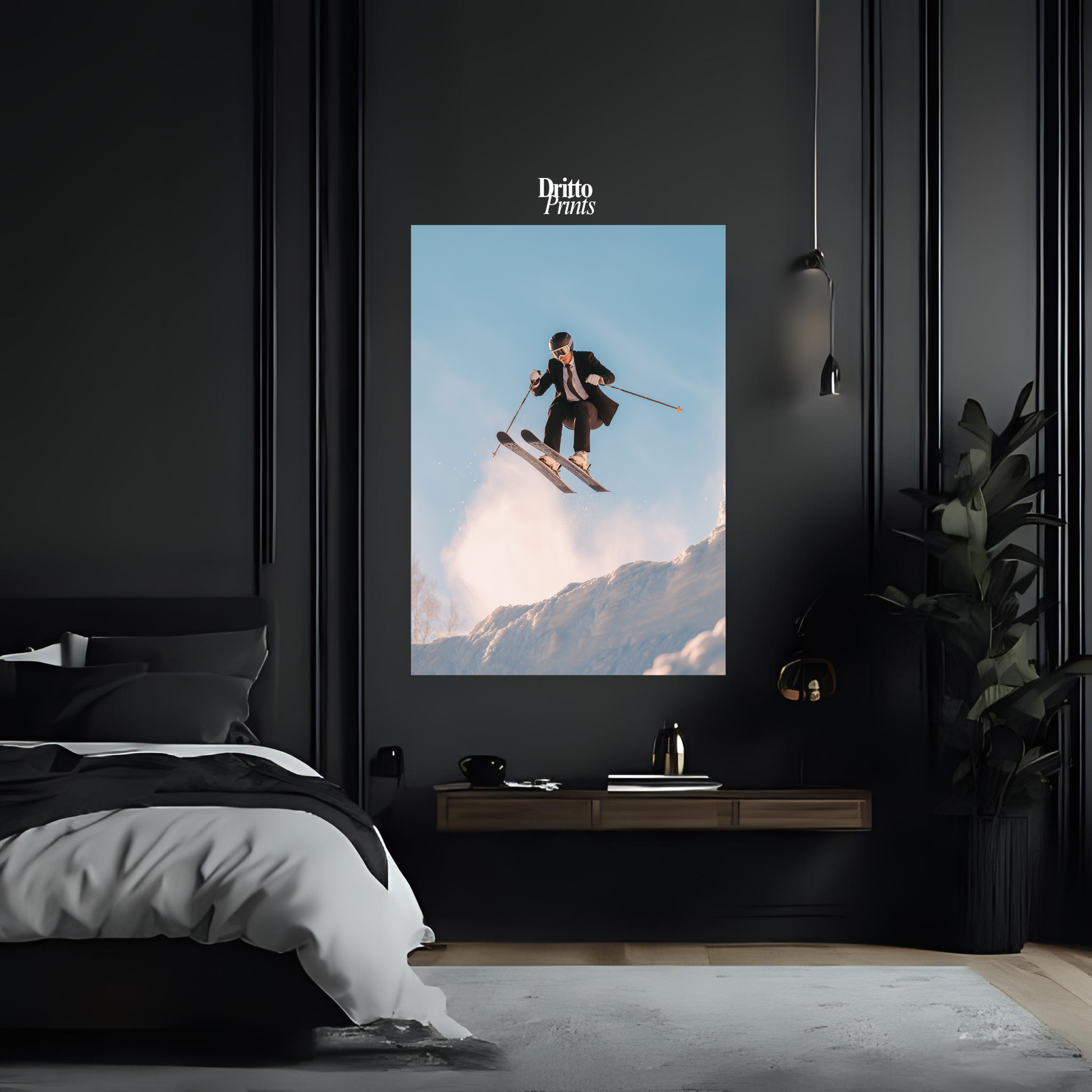 (PD27) Executive Takeoff – Skier in Suit Mid-Jump Poster
