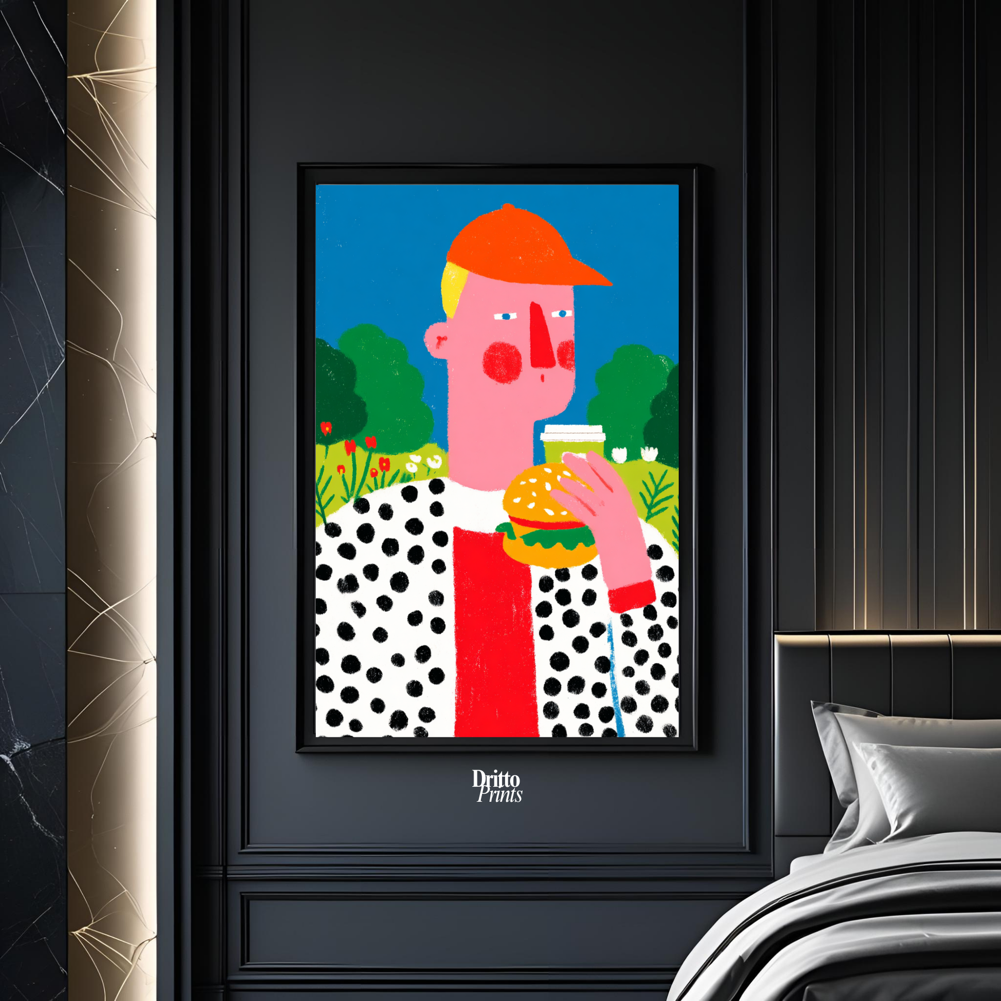 (FD45) Man Eating Burger in the Field –Framed matte paper poster