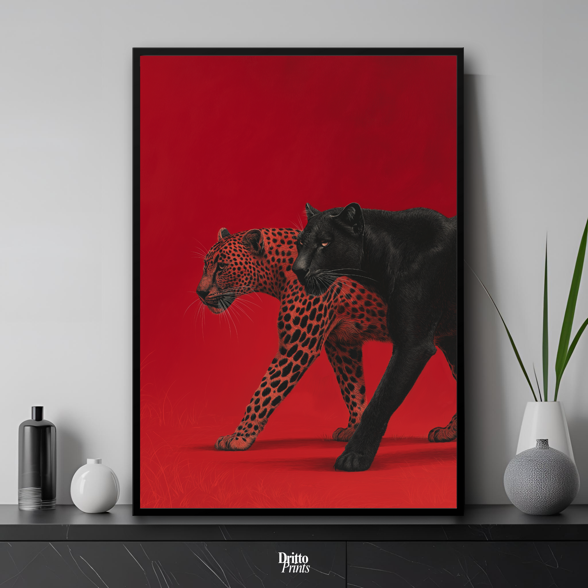(FD32) Wild Pair – Black Panther & Cheetah Silhouette on Red Framed matte paper poster