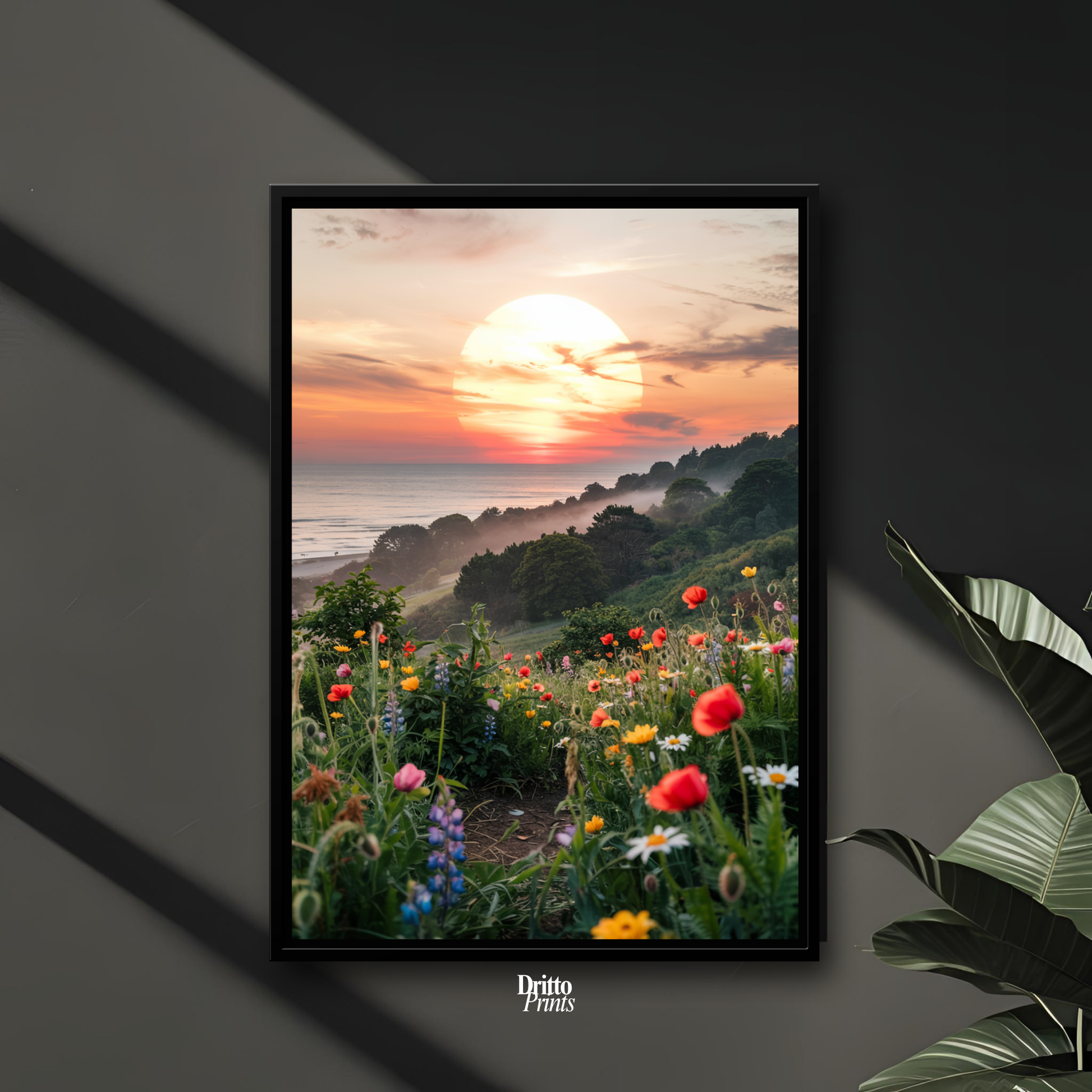 (CF5) Mystical Sunrise Over Hillside - Framed canvas