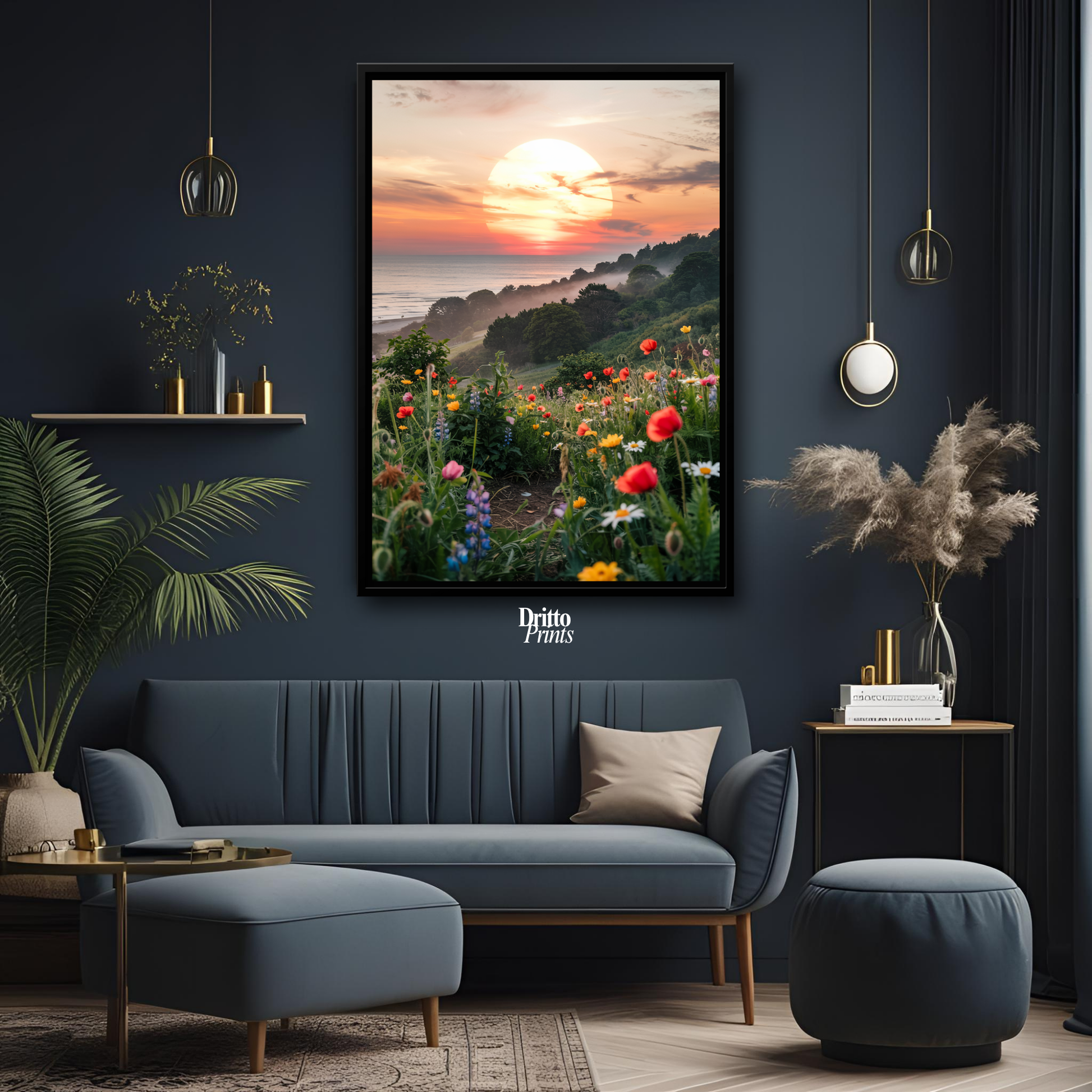 (CF5) Mystical Sunrise Over Hillside - Framed canvas