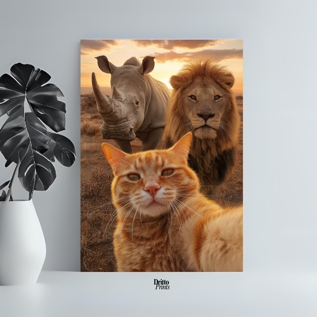 (PD26) Savannah Selfie: Tabby Cat, Lion & Rhino at Sunset Poster