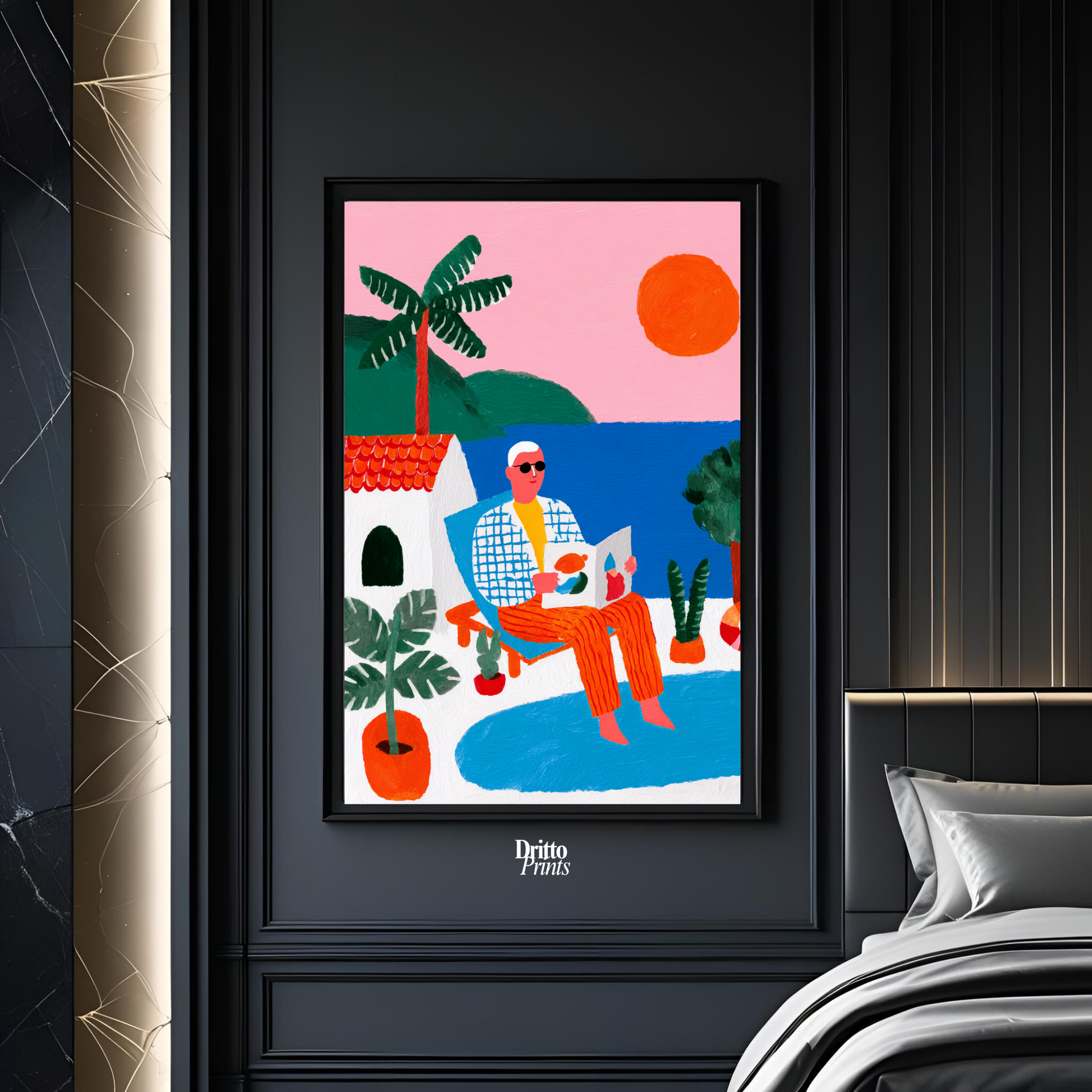 (FD37) Morning Glow by the Pool – 1980s Villa Scene Framed matte paper poster