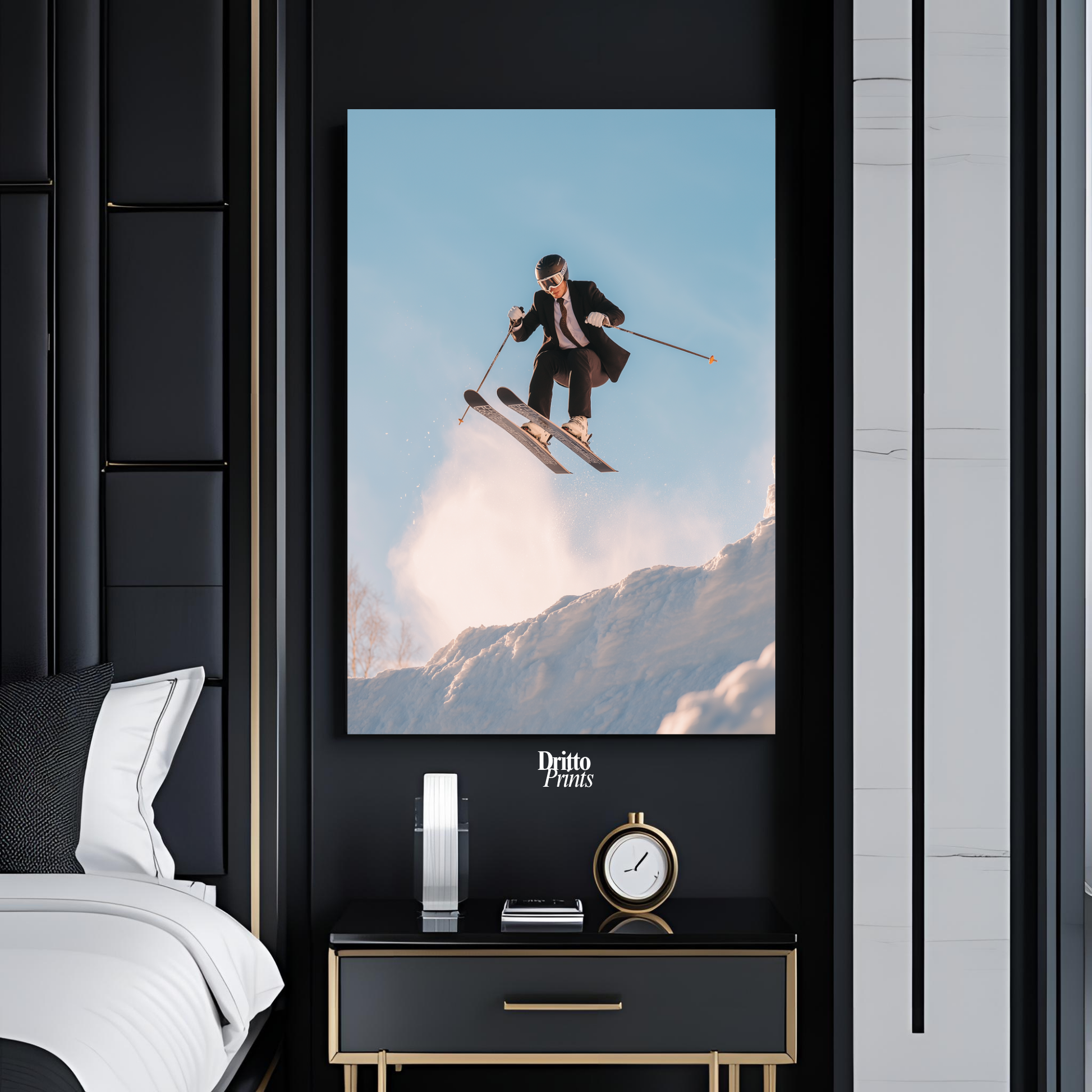 (PD27) Executive Takeoff – Skier in Suit Mid-Jump Poster
