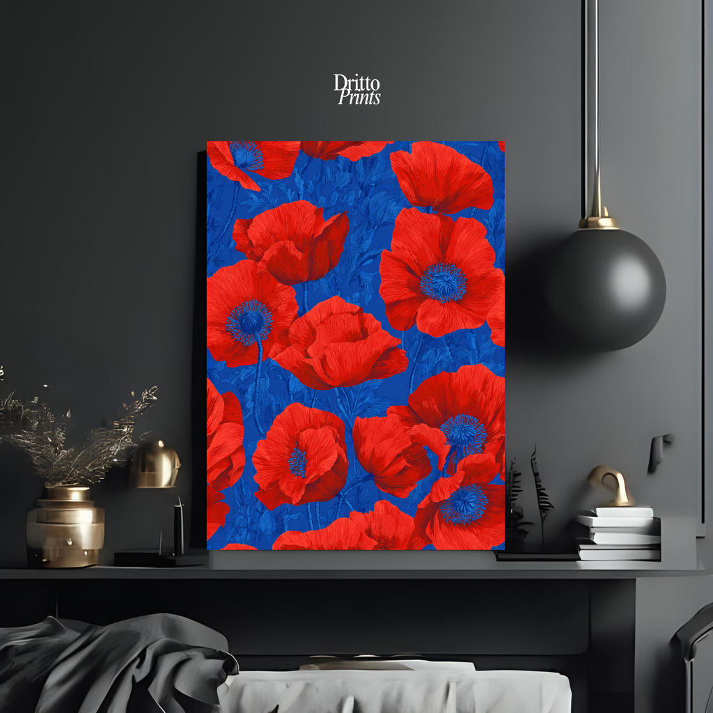 (CD9) Deco Bloom – Red Poppies on Blue Canvas