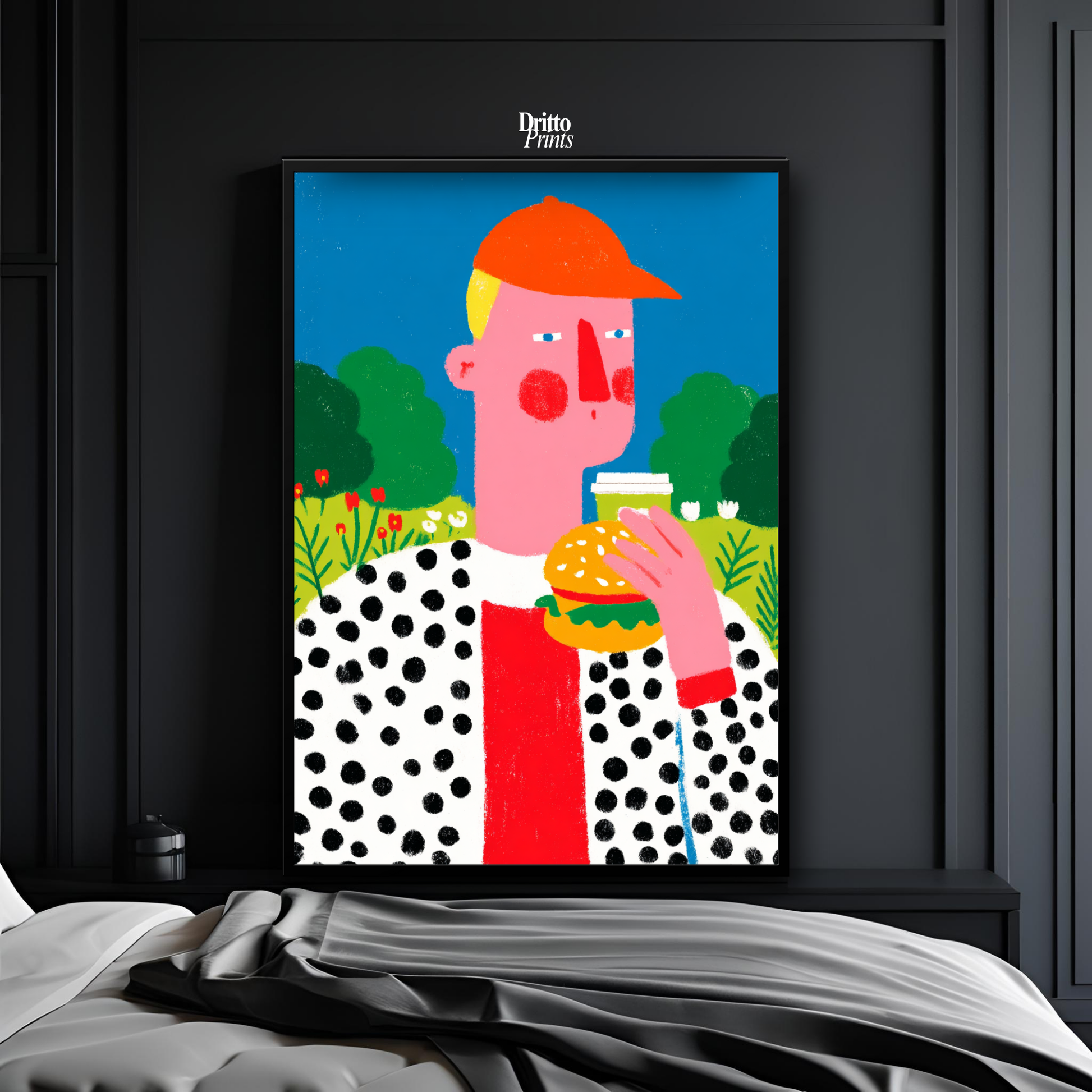(FD45) Man Eating Burger in the Field –Framed matte paper poster