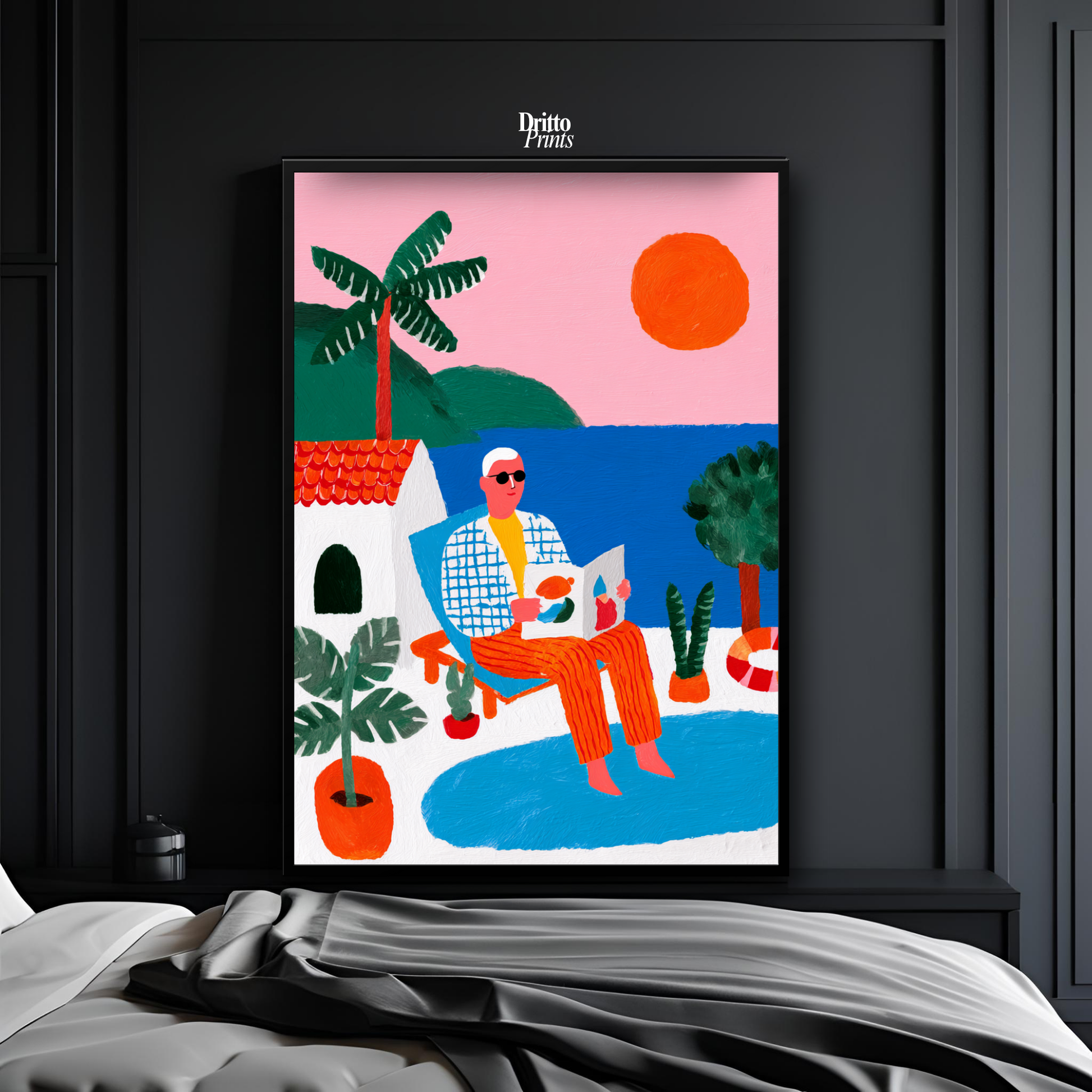 (FD37) Morning Glow by the Pool – 1980s Villa Scene Framed matte paper poster