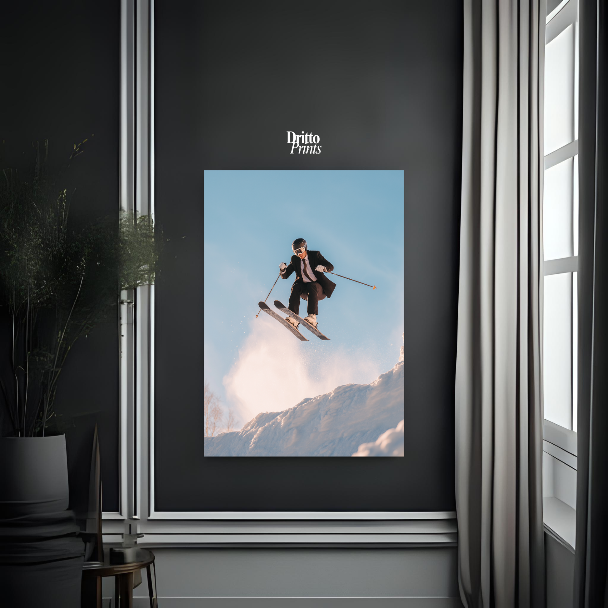 (PD27) Executive Takeoff – Skier in Suit Mid-Jump Poster