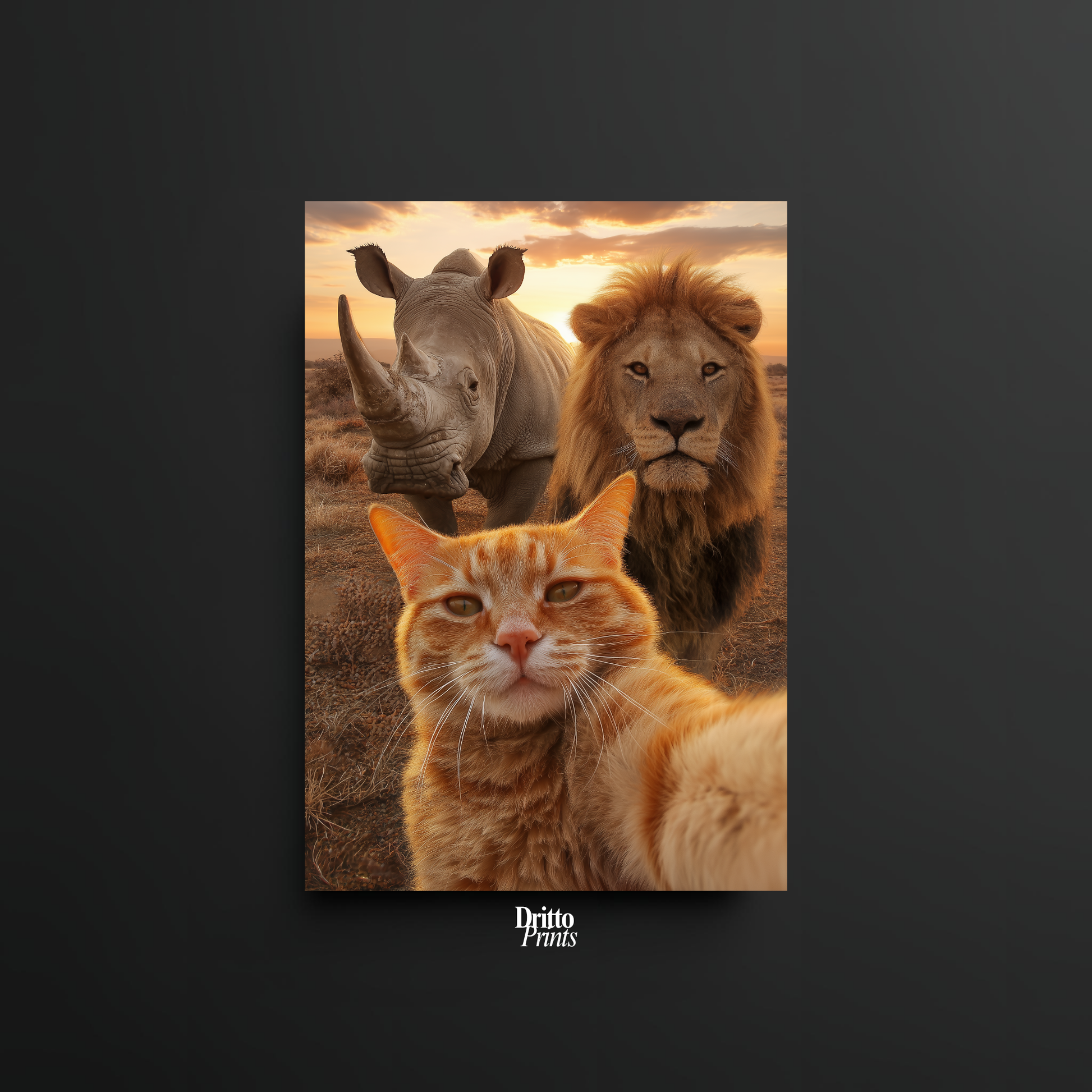 (PD26) Savannah Selfie: Tabby Cat, Lion & Rhino at Sunset Poster
